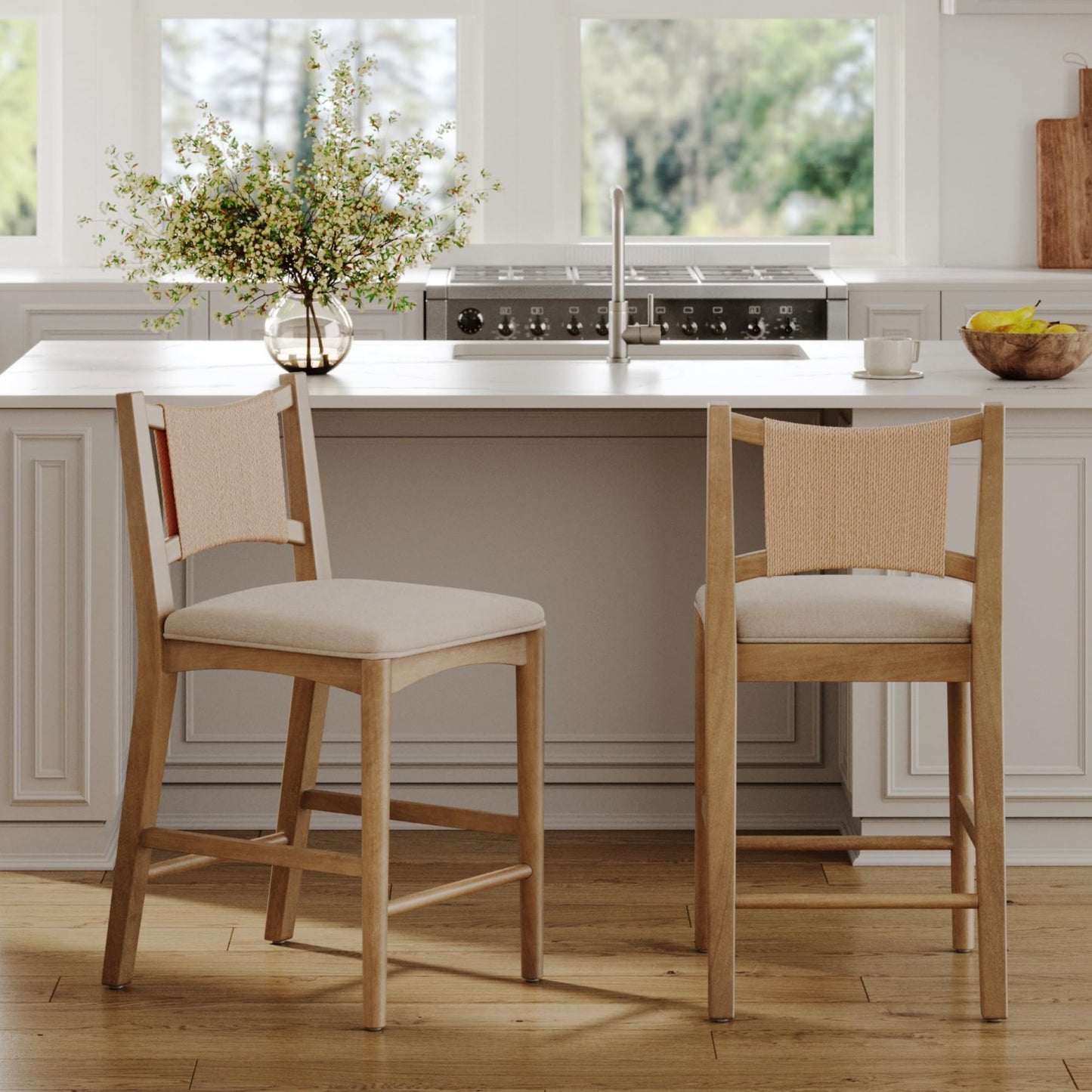 Nathan James Rikki Seagrass Bar Stool with Back, 2-Pack Boucle Counter Stool with Upholstered Seat, Solid Wood Frame, and Woven Seagrass Backrest