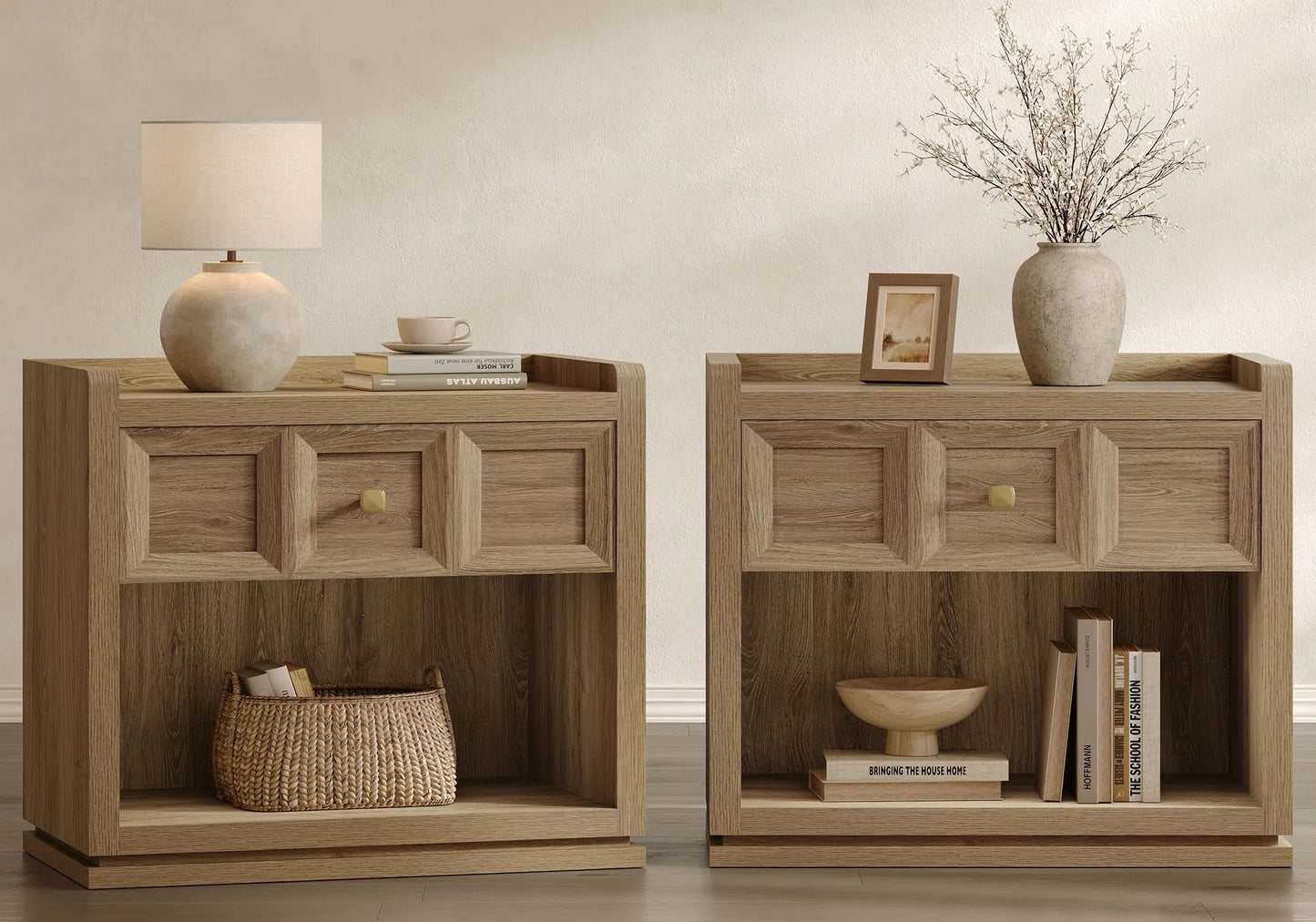 SICOTAS Night Stand Set 2, 26" Wide Nightstands with Drawer, Large Queen Size Nightstands Set of 2, Modern Bedside Table for Bedroom, Side End Table (Brown Oak, 26-Inch)