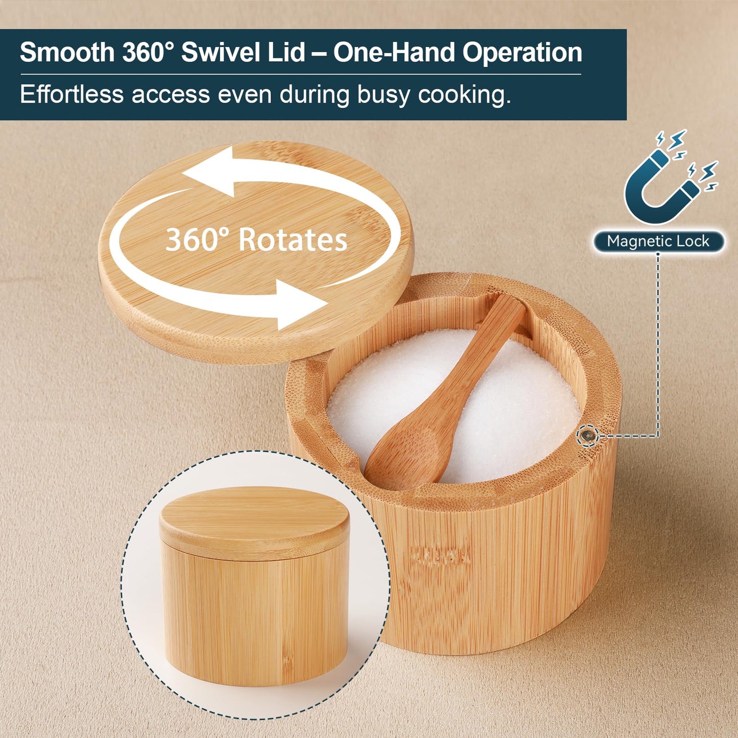 Timtopno Salt Cellar, Acacia Wood Salt Container with Built-in Spoon & Swivel Lid, Engraved SALT Box, Salt Holder Bowl for Countertop Seasoning Storage
