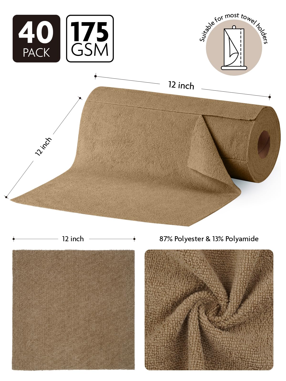 Fantasticlean Microfiber Cleaning Cloth Roll -60 Pack, Tear Away Microfiber Towels, 12" x 12", Reusable, Washable, Scratch Free, Ultra Absorbent Dishcloth for All-Around Cleaning (Beige & Tan)