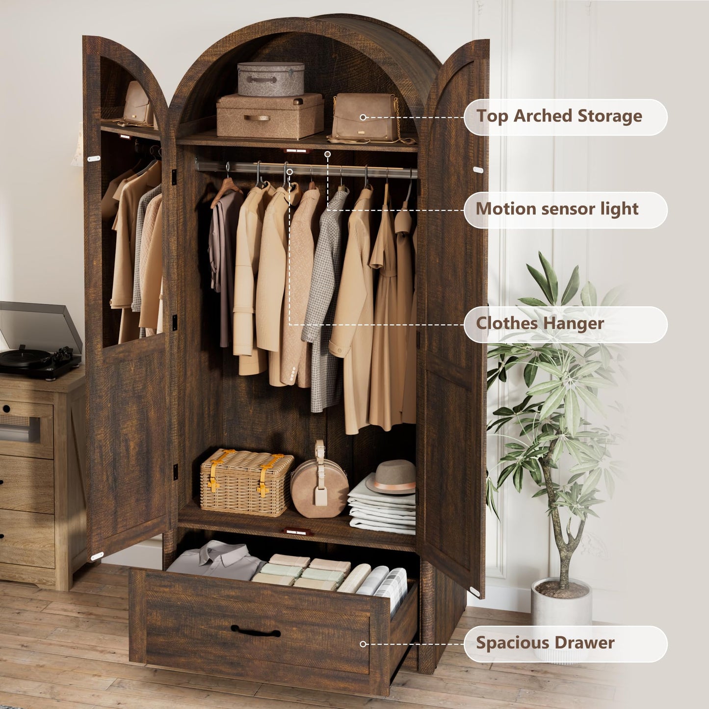 3 Doors Armoire Wardrobe Closet with Doors and Drawers