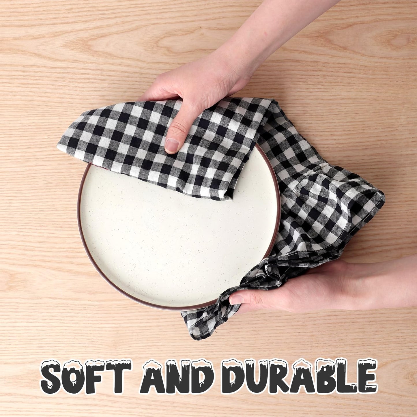 HunnmingRe Taupe Kitchen Towels Set of 2, 100% Cotton Ruffled Gingham Dish Towels 18"x28" Tea Cloths Classic Plaid Pattern for Farmhouse Charm, Drying Dishes, Entertaining Guests
