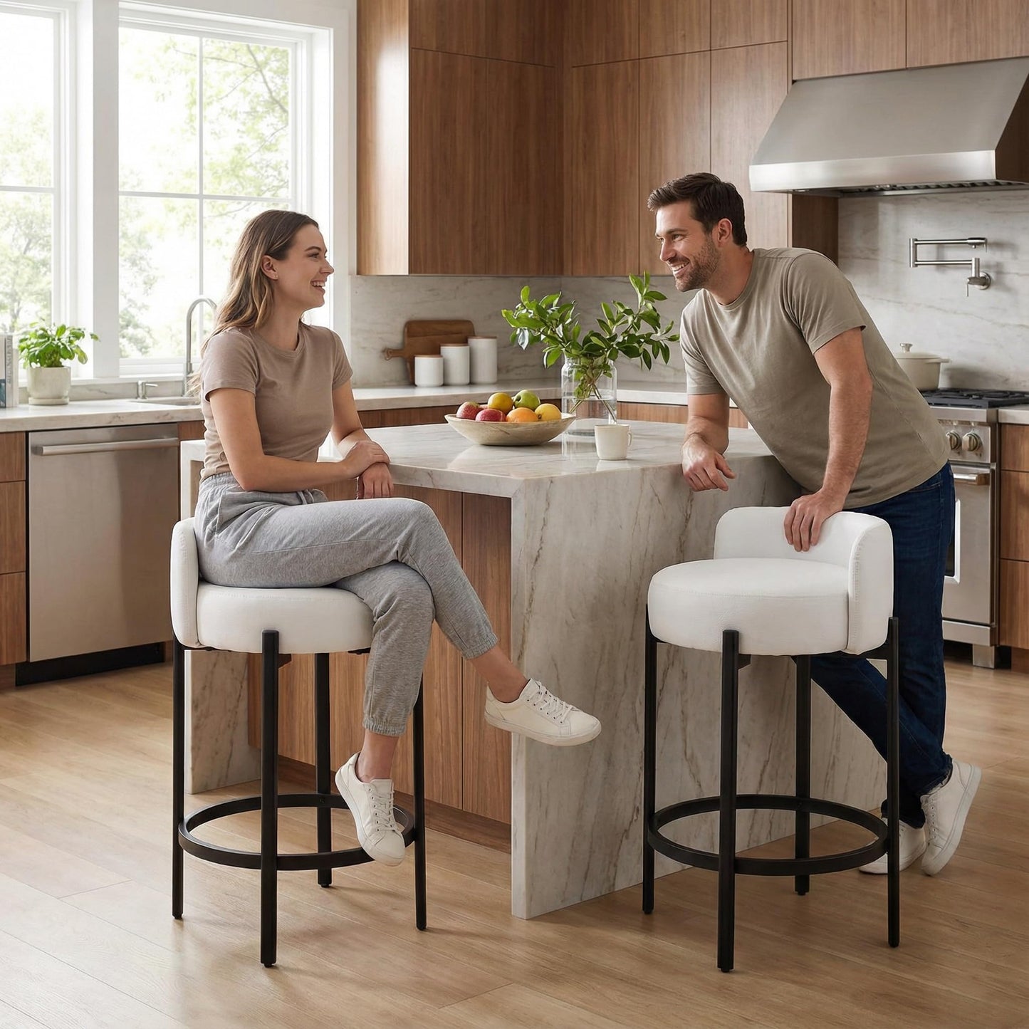LukeAlon Mid Century Linen Counter Stools Set of 3, Upholstered 26.5" Seat Height Low Barstools with Natural Wood Legs Round Low Back Kitchen Stools with Footrest for Dining Room, Beige