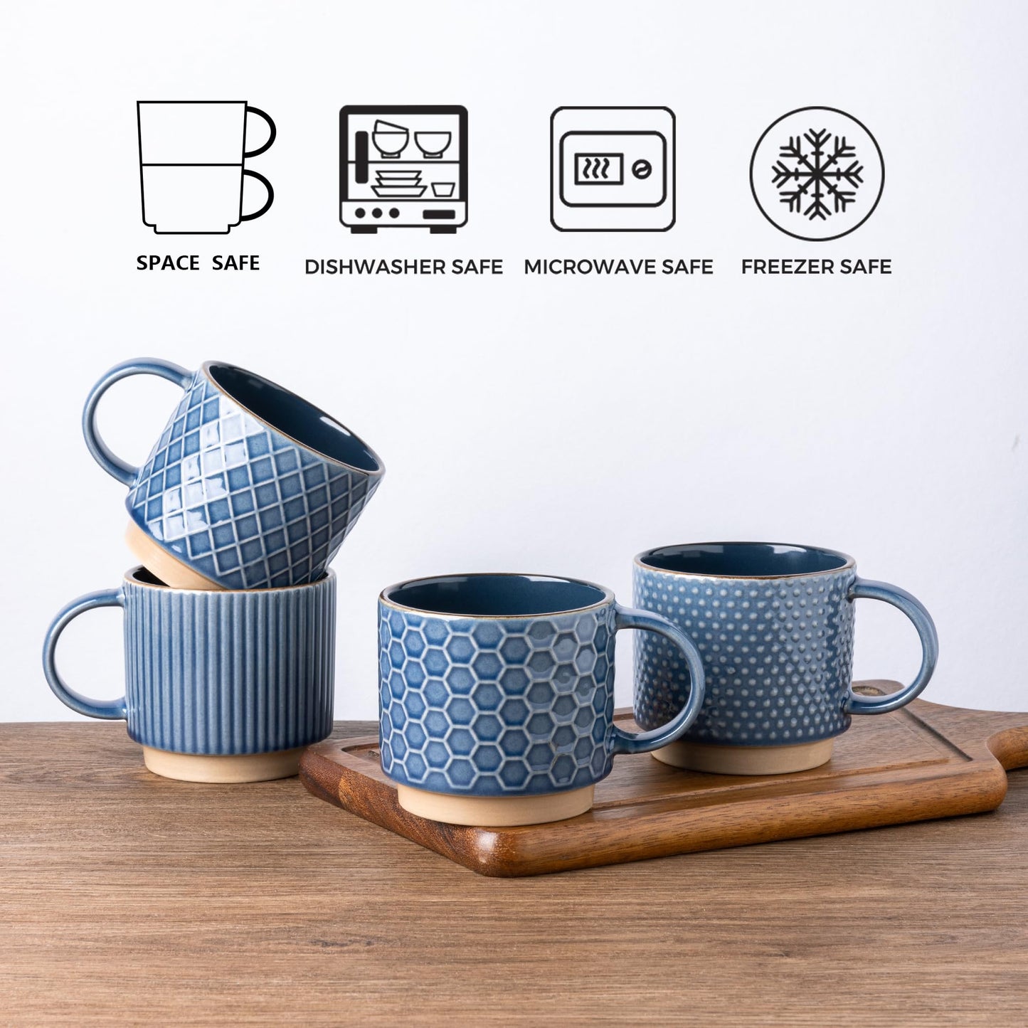 GBhome 12OZ Stackable Coffee Mugs, Ceramic Coffee Mugs with Texture Patterns for Man,Woman,Dad,Mom, Modern Coffee Mugs Set of 4 for Latte/Cappuccino/Cocoa. Dishwasher&Microwave Safe, Pale Khaki