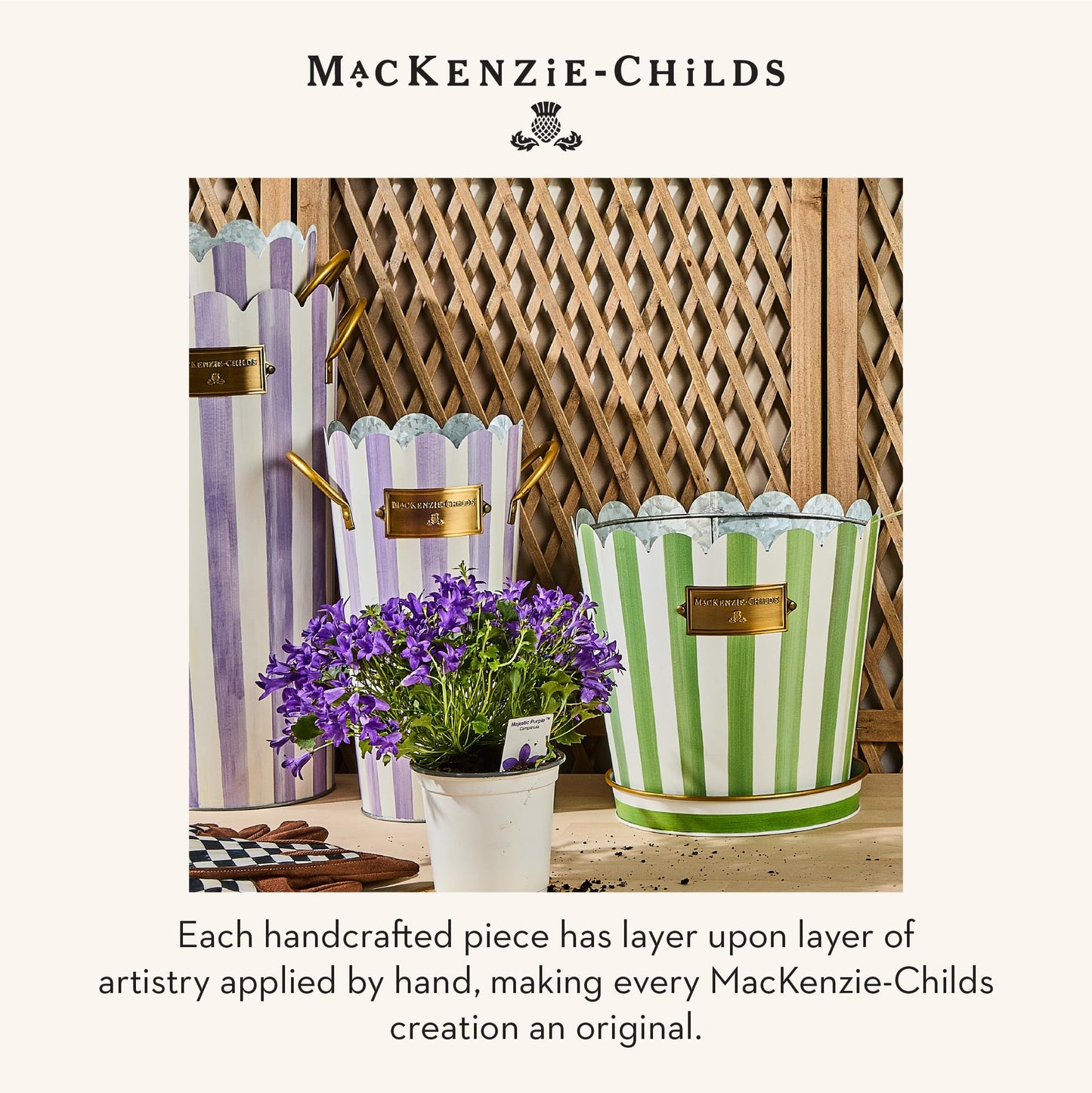 MACKENZIE-CHILDS Set of 3 Galvanized Flower Buckets, Decorative Metal Buckets, Black-and-White Courtly Stripe