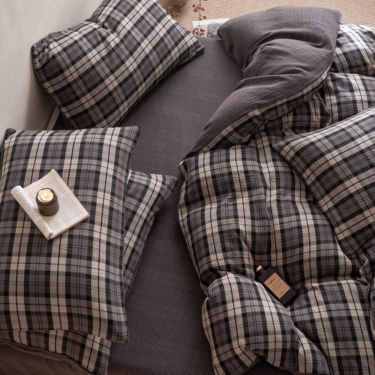 Duvet Cover Set - Brown Plaid Gingham Comforter Cover with Zipper Closure