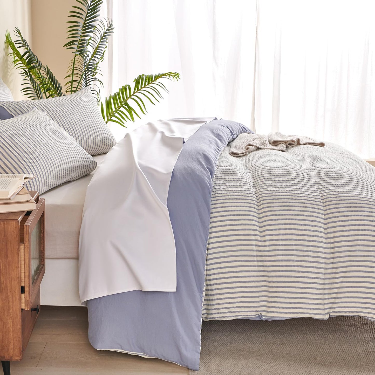 Striped Duvet Cover Queen Beige Washed Microfiber Jacquard 3 Pieces Bedding Set, White Beige Vertical Ticking Stripes Pattern Comforter Cover with Zipper Closure Breathable Durable Soft Comfy