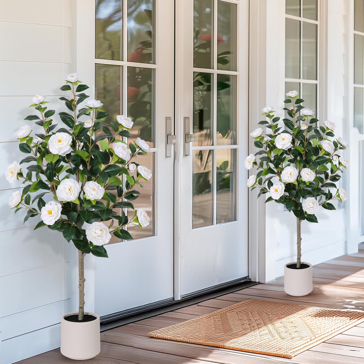 Yepdin 63 inch Artificial Camellia Tree with White Flower Pots - White Fake Tree,5 Ft Faux Plants Indoor wich Blooming,Artificial Plants for Indoor & Outdoor Home Front Door Decor