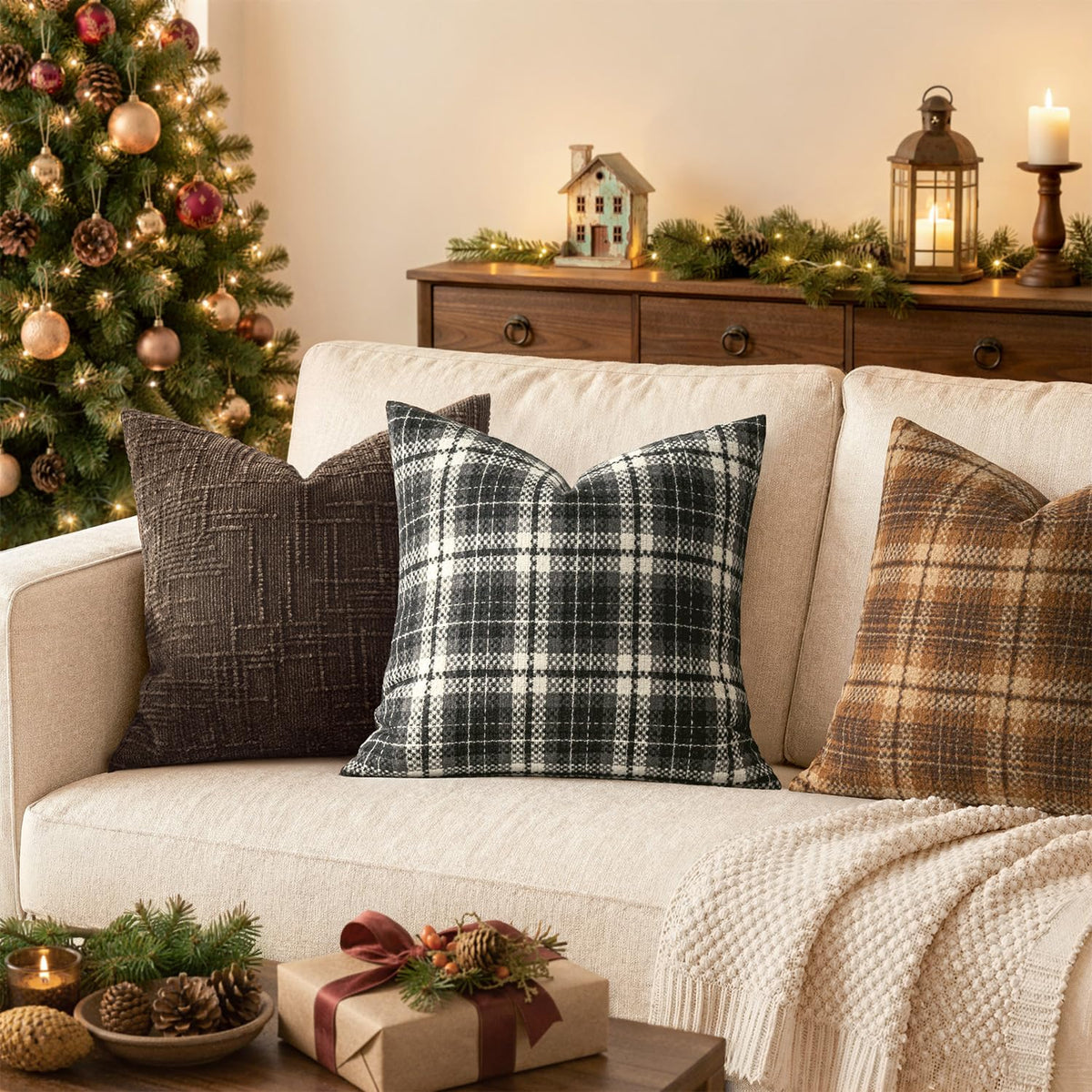 Plaid Throw Pillow Covers Fall 18x18 Inch