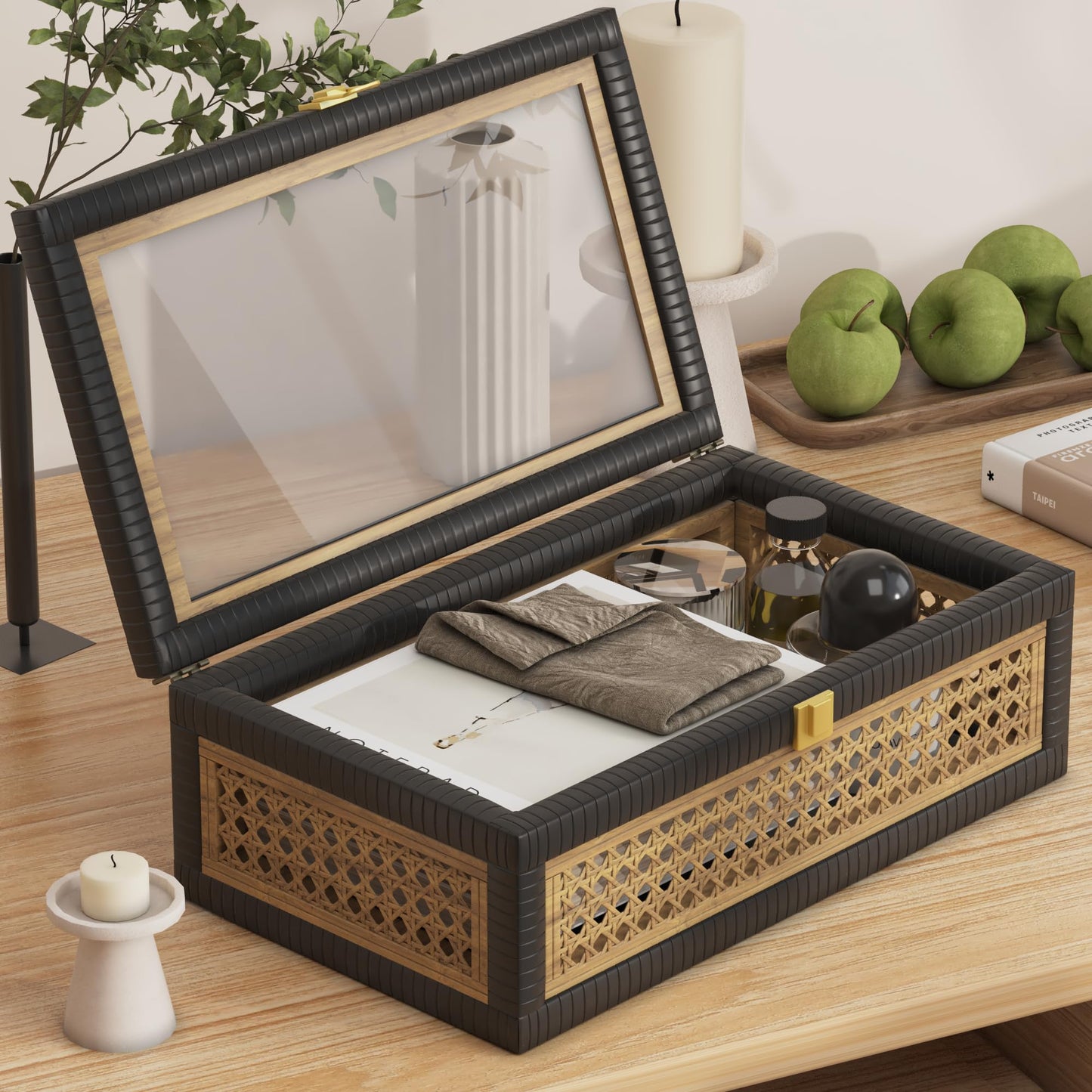 Rattan Decorative Box,Boho Display Boxes with Lids,Set of 2 Rectangular Wicker Storage Decoration,Natural Woven Cane Bins for Home Decor for Rustic Farmhouse(Yellow and Black)
