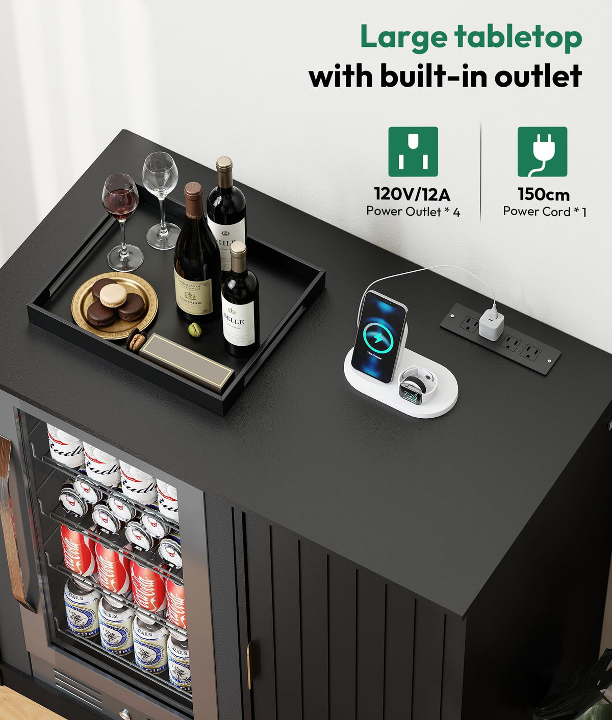 Mini Fridge Cabinet with Hutch and Wine Glass Rack