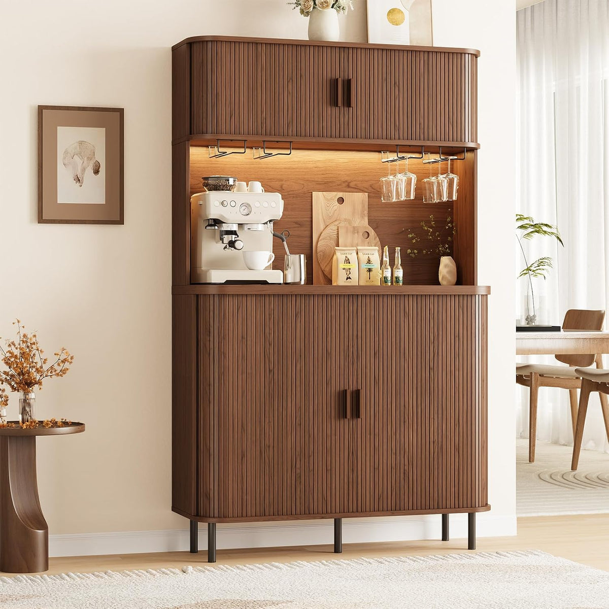 71" Tall Fluted Wine Bar Cabinet with Storage