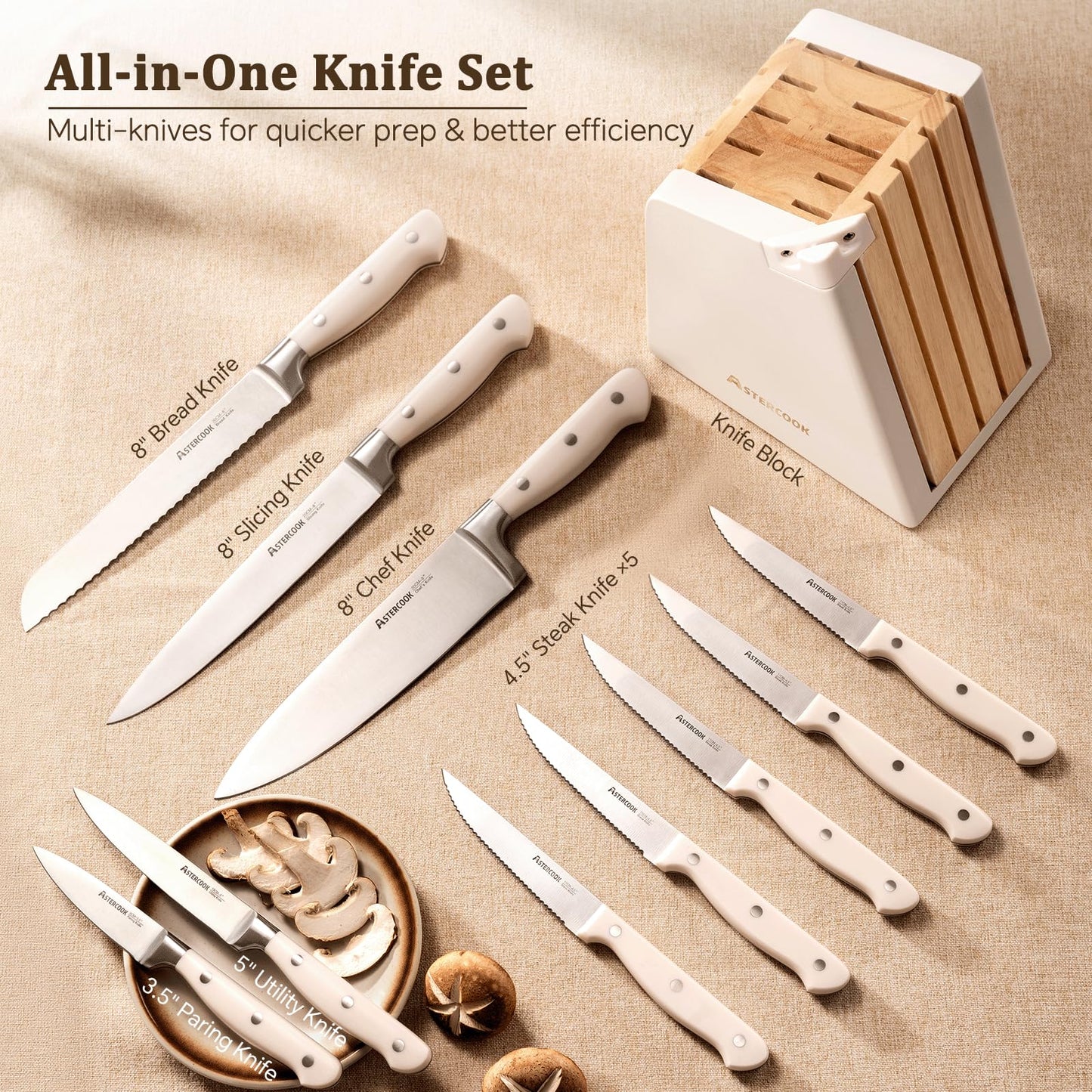 Knife Set,Astercook Kitchen Knife Set with Block 22-Piece Full Tang Stainless Steel Knives with Sharpener Dishwasher Safe and Anti-Slip Ergonomic Handle Elegant Cream White Utensils Set