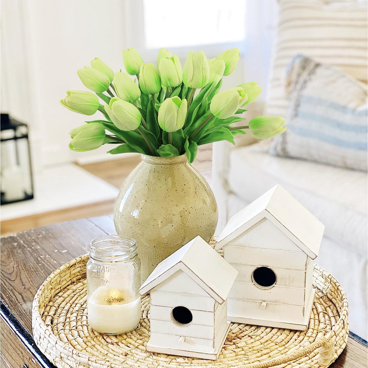 Beferr White Tulips Artificial Flowers 18Pcs Faux Silk Tulip Real Touch Tulip Fake Flowers Bouquets Arrangements for Mother's Day Easter Spring Flowers Gifts Home Table Decor