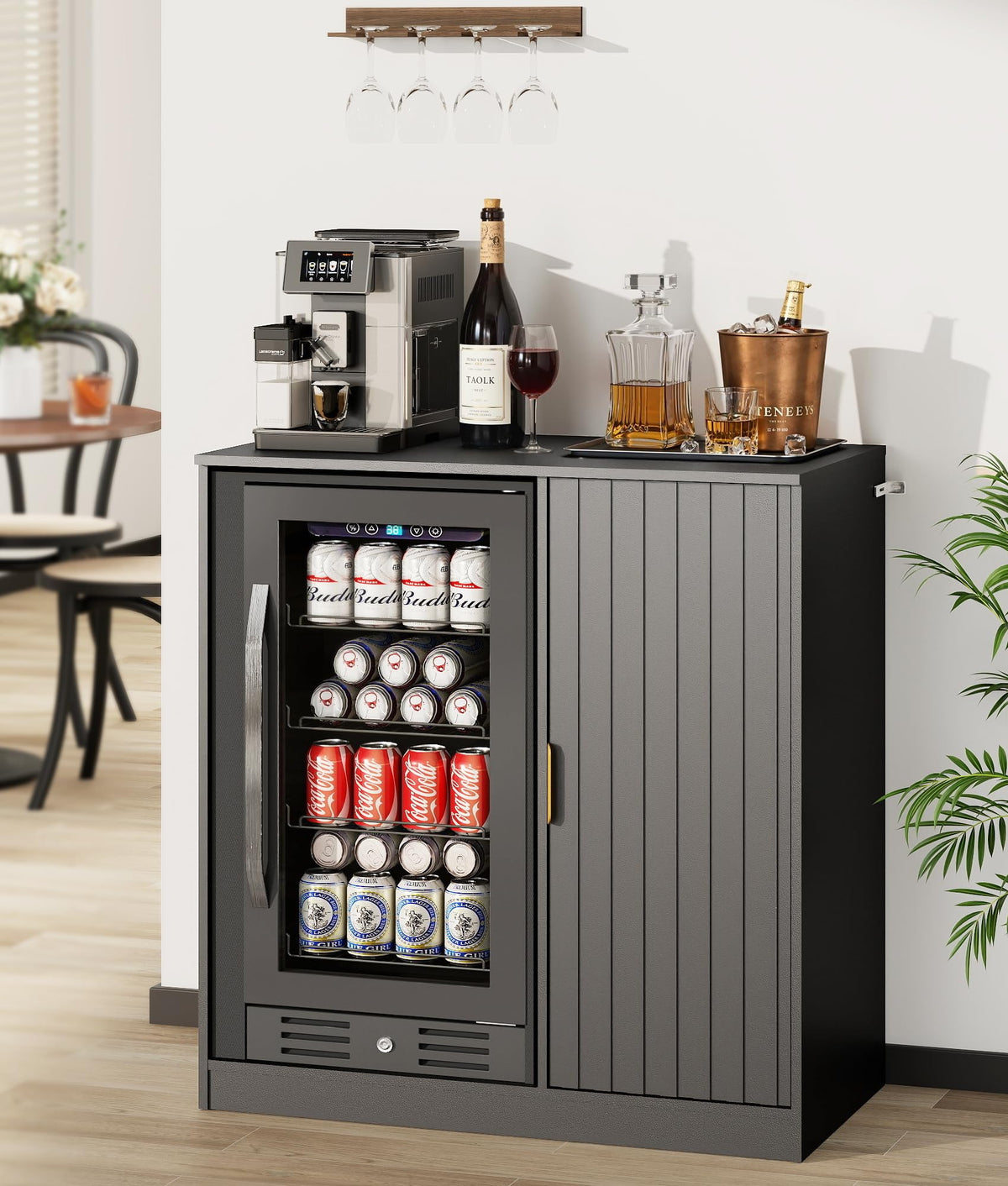 Mini Fridge Cabinet with Hutch and Wine Glass Rack