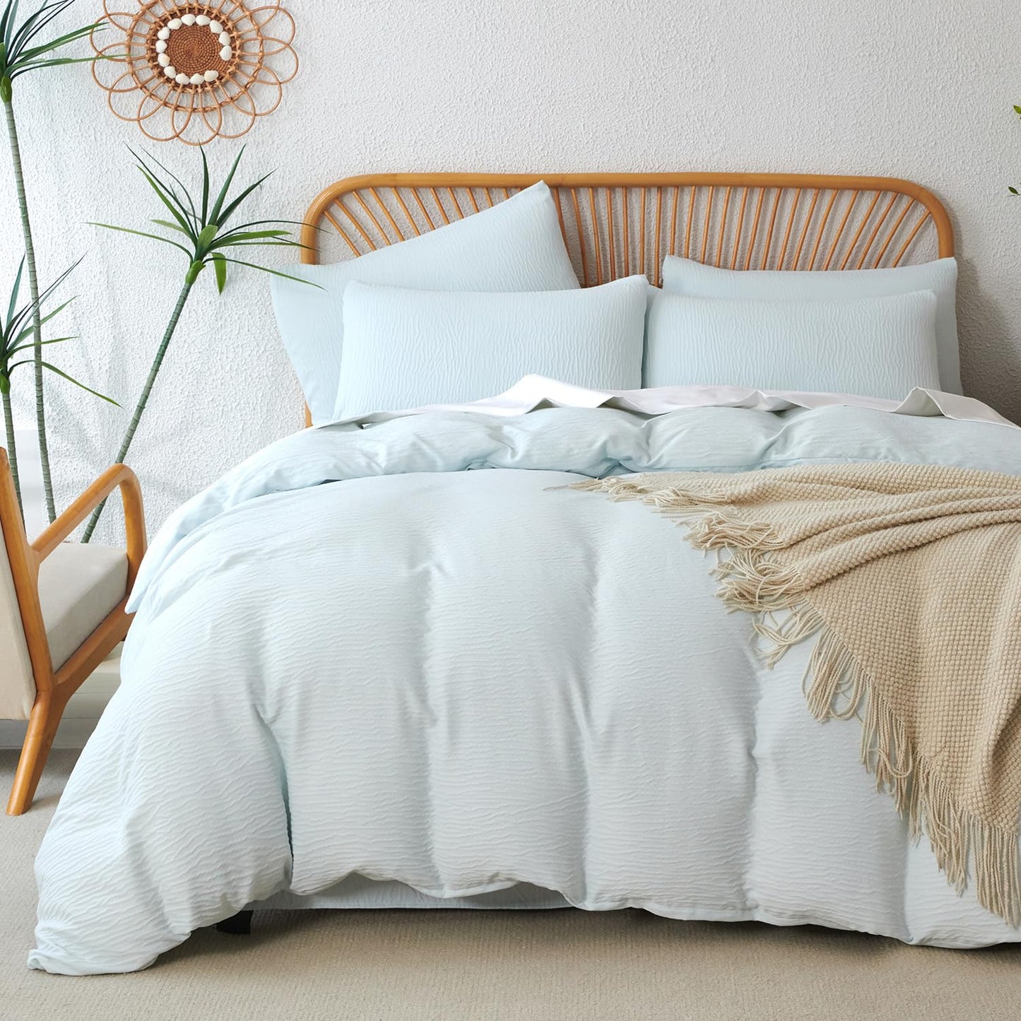 Striped Duvet Cover Queen Beige Washed Microfiber Jacquard 3 Pieces Bedding Set, White Beige Vertical Ticking Stripes Pattern Comforter Cover with Zipper Closure Breathable Durable Soft Comfy