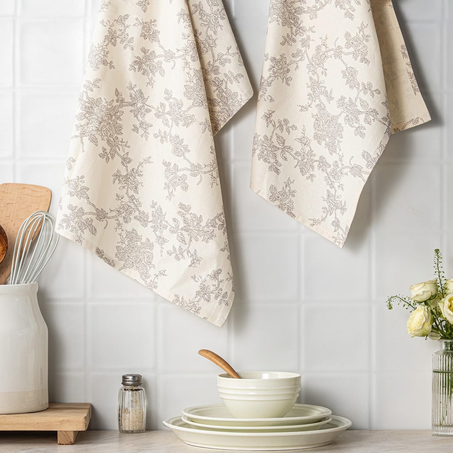 100% Cotton French Pastoral Kitchen Towels Set of 2, Decorative Flour Sack Tea Towels with Hanging Loop 18x25 Inch Absorbent Dish Cloths Farmhouse Home Decor, Brown