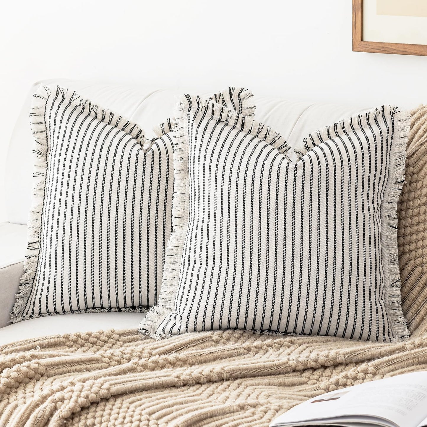 Throw Pillow Covers 18x18 Set of 2 Striped Fringe