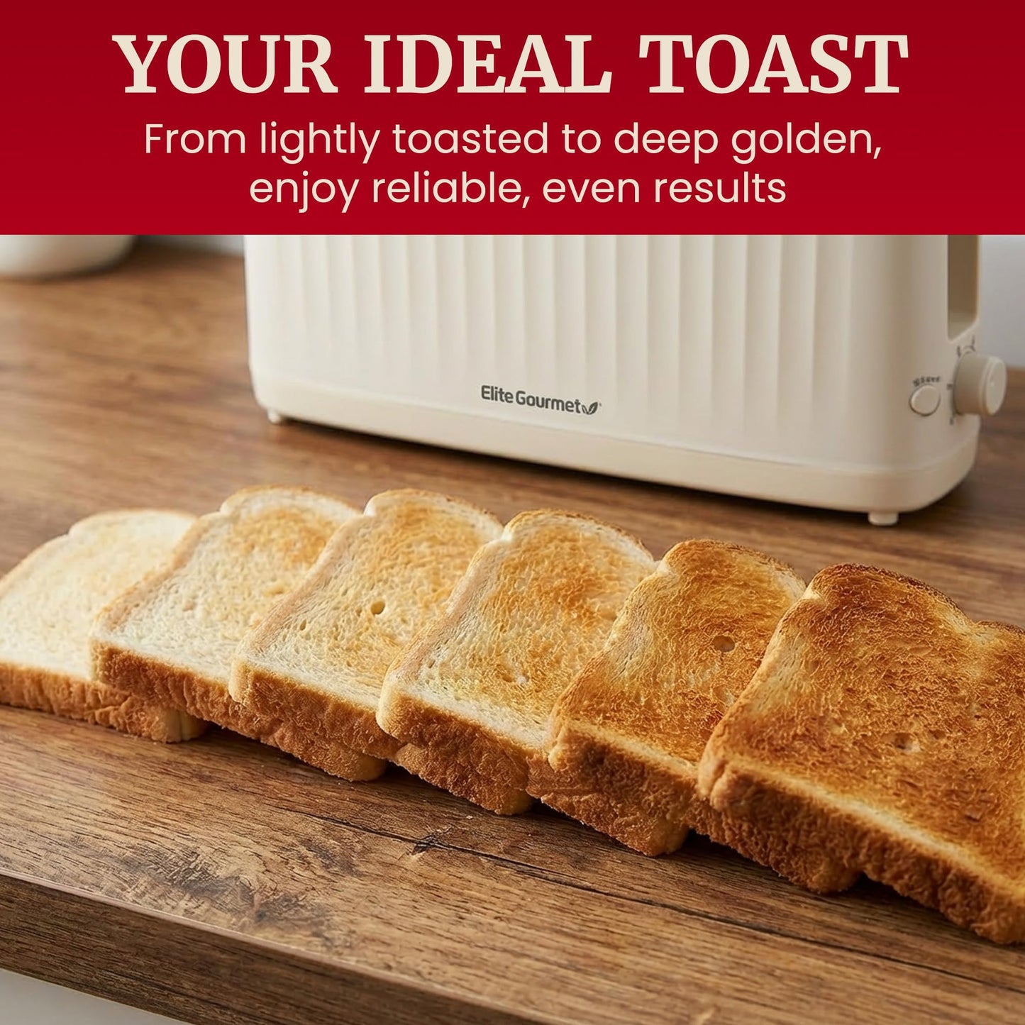 Elite Gourmet ECT2517C SLIMTOAST™ 2-Slice Long Slot Toaster, Cool-Touch Body, 6 Browning Shades, Extra-Wide 1.5" Slot for Artisan Bread, Bagels, Waffles & English Muffins, Cremello