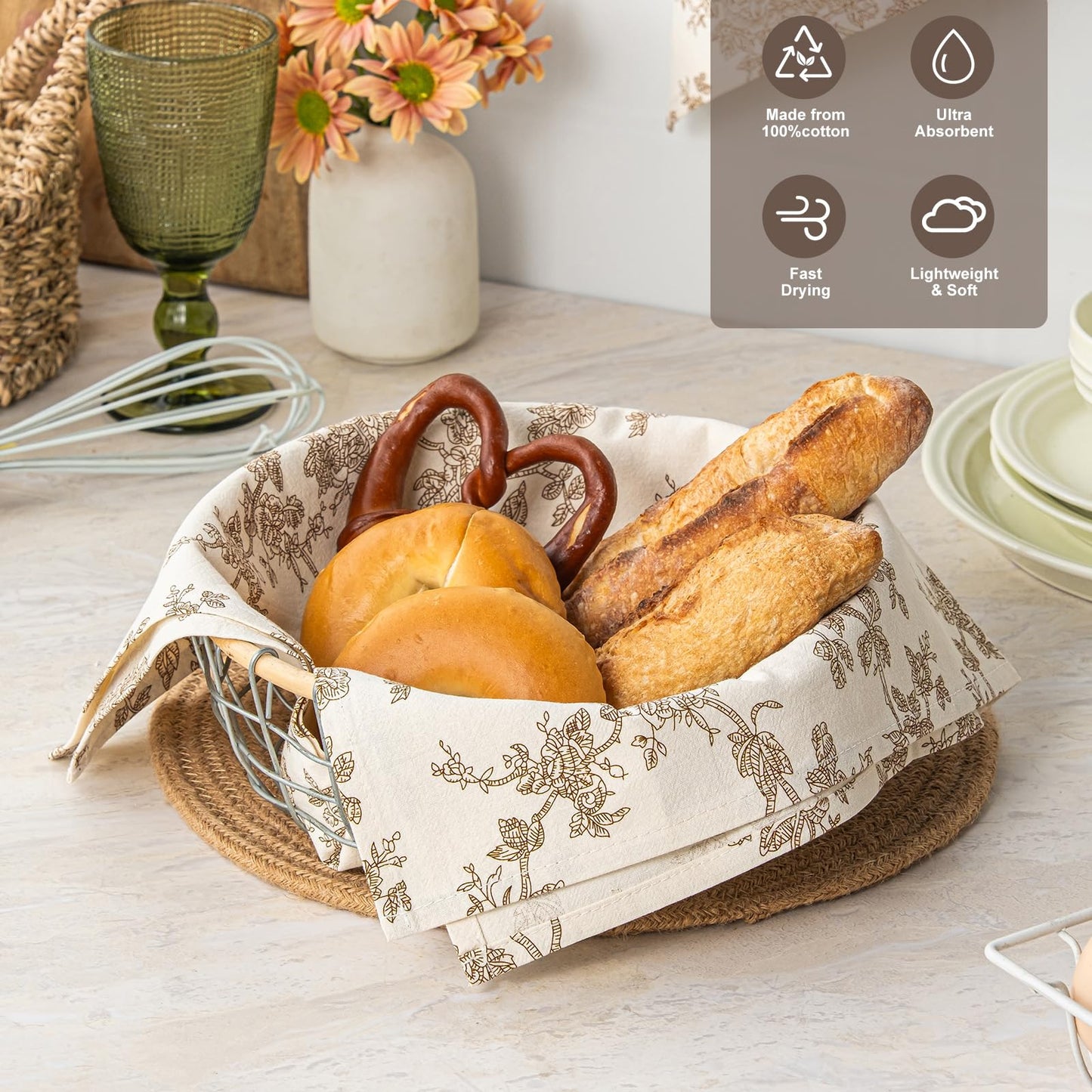 100% Cotton French Pastoral Kitchen Towels Set of 2, Decorative Flour Sack Tea Towels with Hanging Loop 18x25 Inch Absorbent Dish Cloths Farmhouse Home Decor, Brown