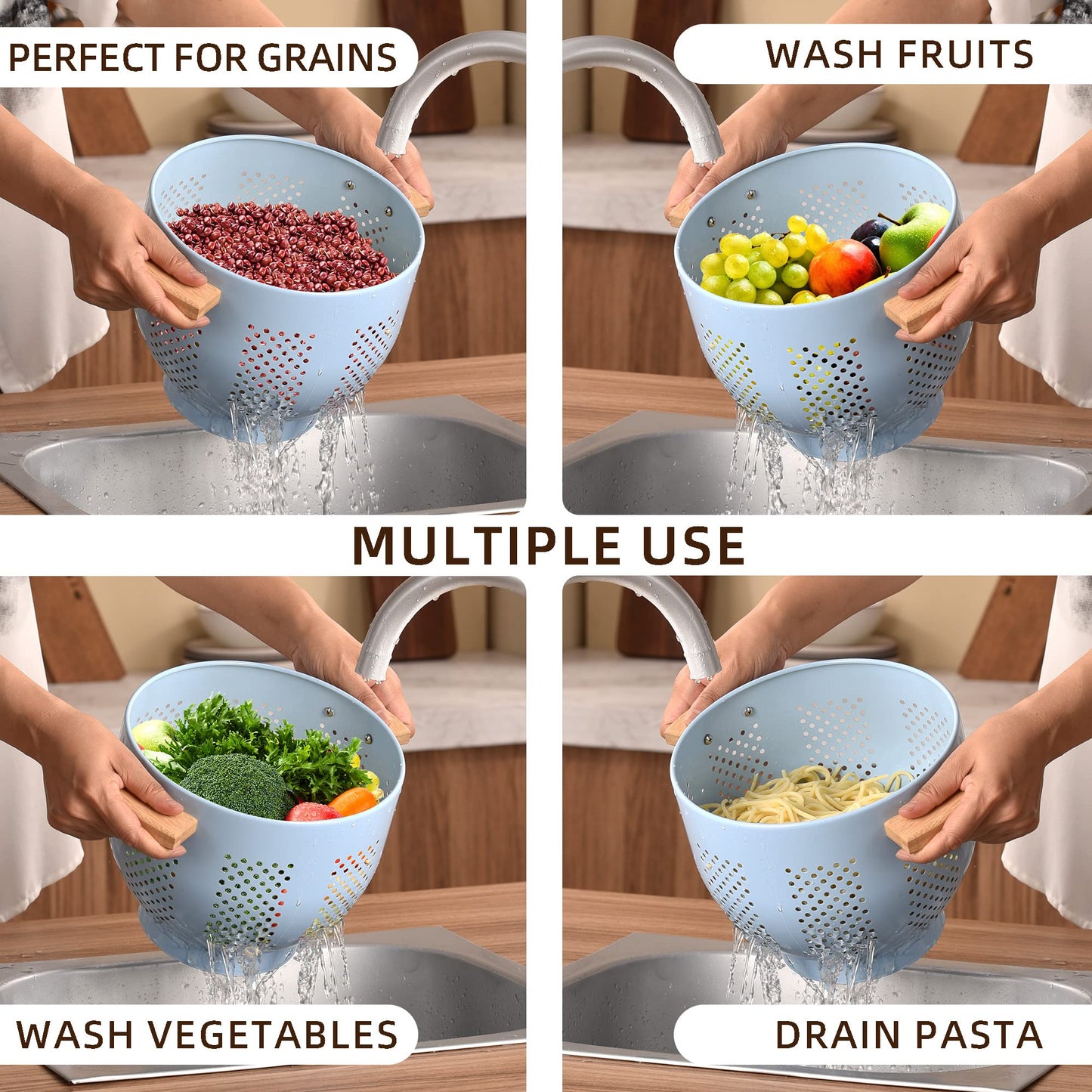 Metal Colander with Wood Handle and Stable Base, Powder Coated Steel Kitchen Strainer Basket for Draining Pasta, Vegetable and fruit(7quart,Sandyellow)
