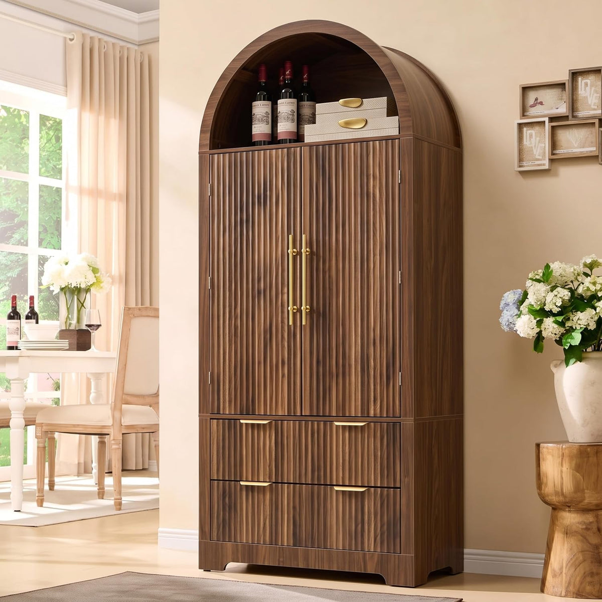 72" Tall Arched Kitchen Pantry Cabinet with 2 Drawers