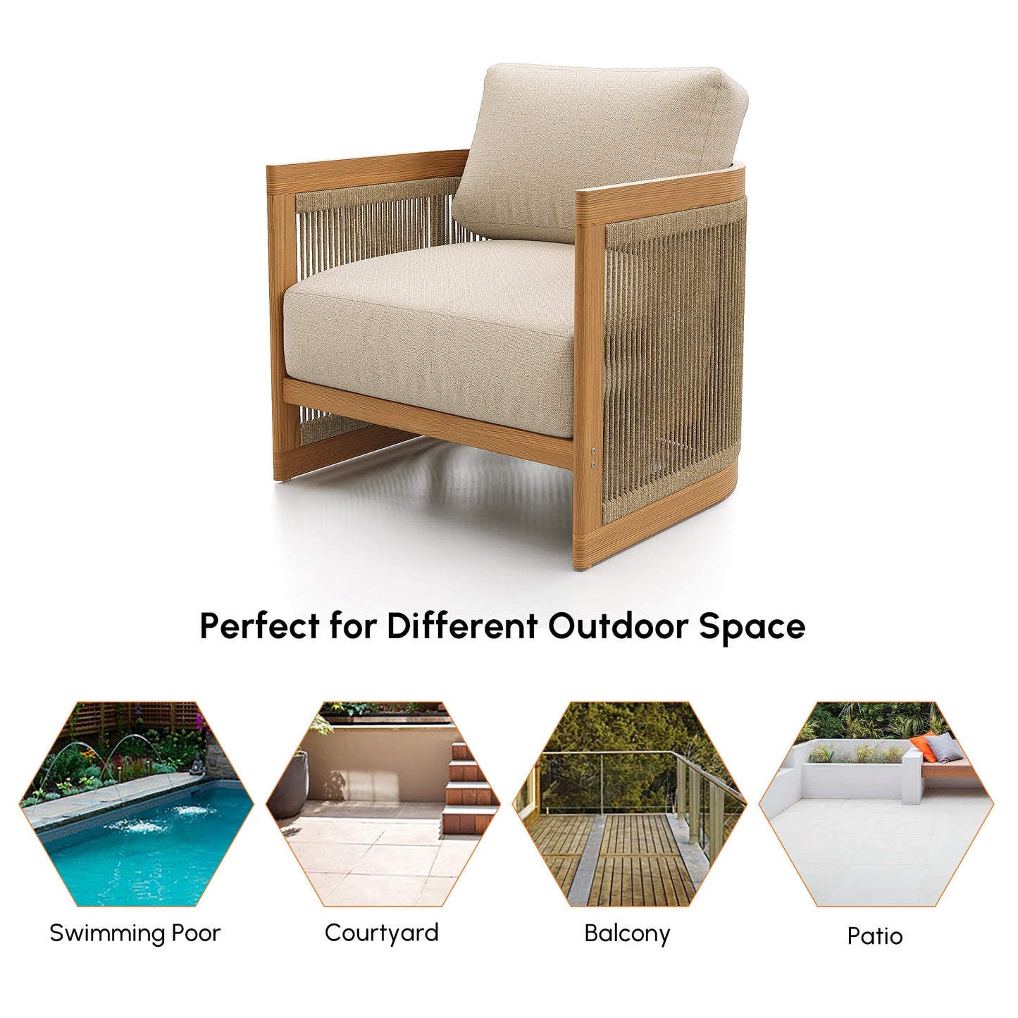 homary Teak Outdoor Chair, Rope Woven Patio Lounge Chair with All-Weather Cushions, Deep Seat Ergonomic Armchair with Removable Washable Covers (2 Chair)