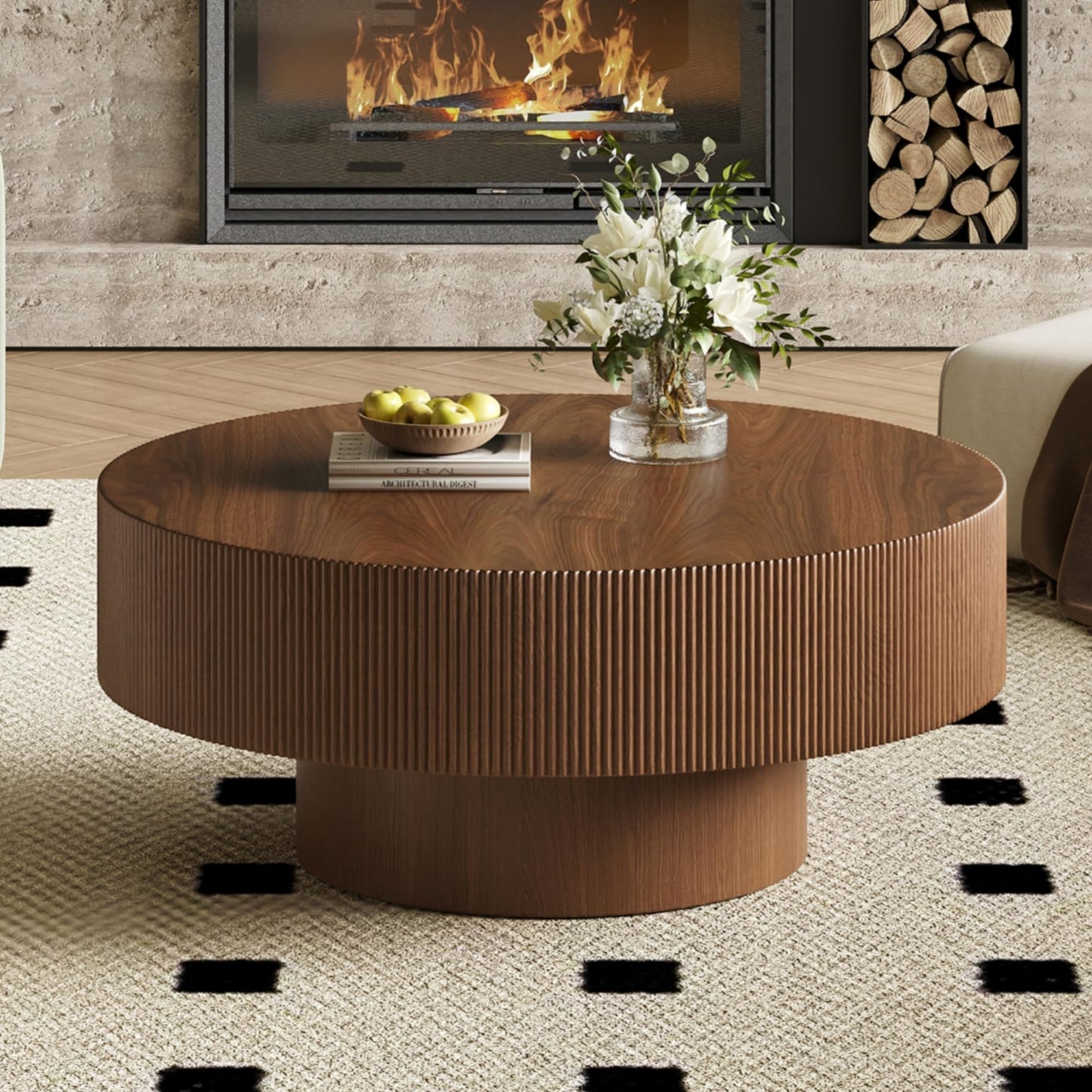 WILLIAMSPACE 43.31" Rectangle Coffee Table with Burl Wood Veneer & Sturdy Base, Modern Luxury Wood Drum Center Table End Table Accent Side Table for Living Room, Minimalist Fluted Design, Oak