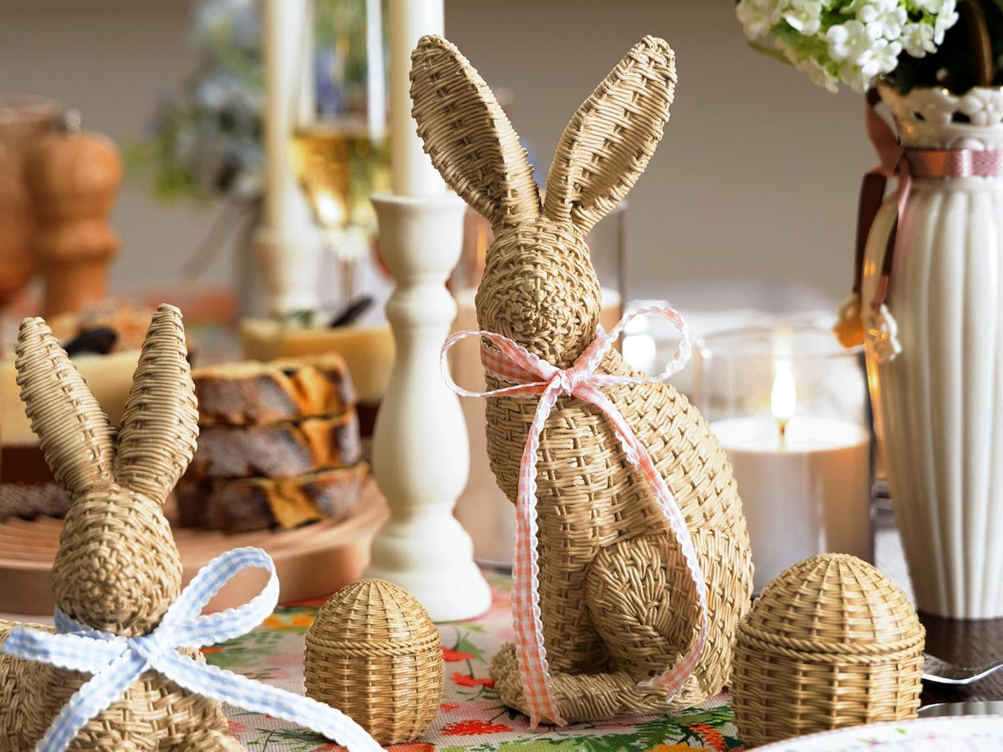 Easter Decorations for Home – 5 Pieces Rattan Effect Bunny & Egg Set, Easter Bunny Figurines with Rattan Decor Style for Easter Table Decor & Spring Home Decorations