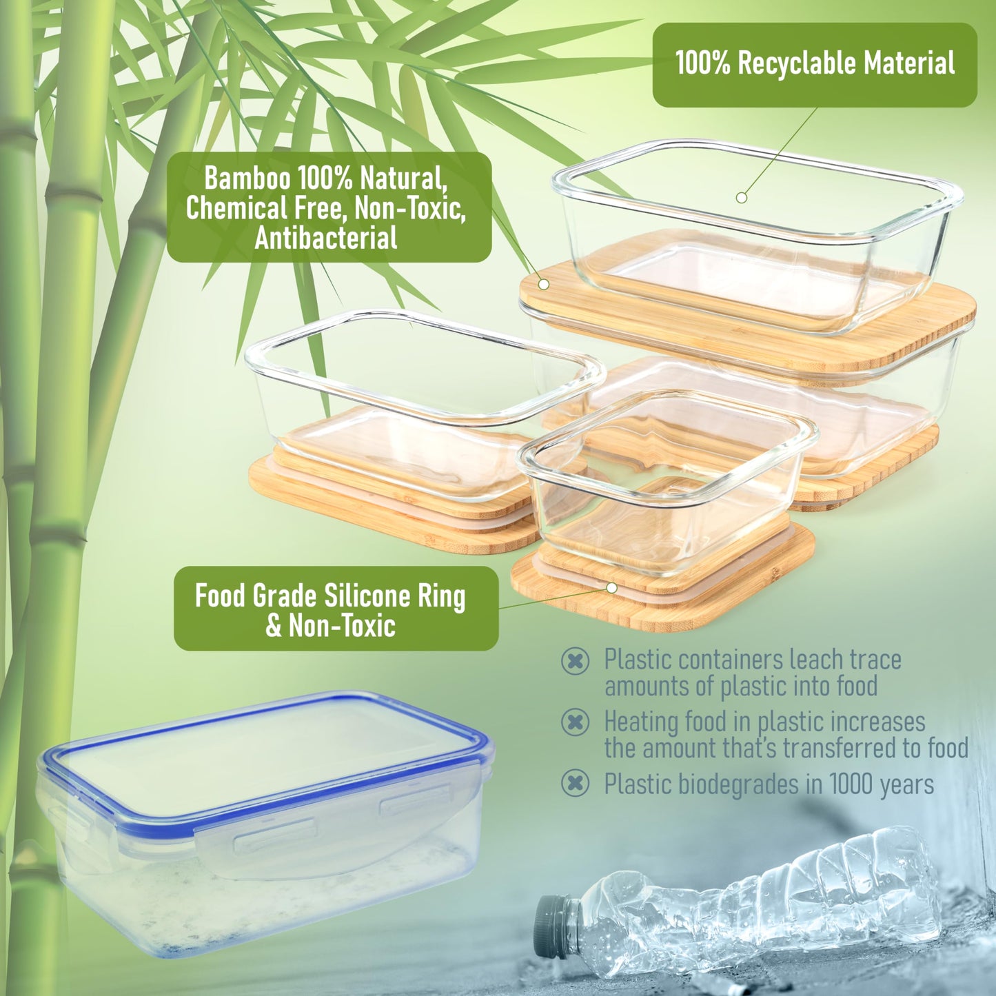 Glass Container Set with Acacia Lids - 4 Stackable Meal Prep Containers. Durable heat resistant Inert Borosilicate Glass