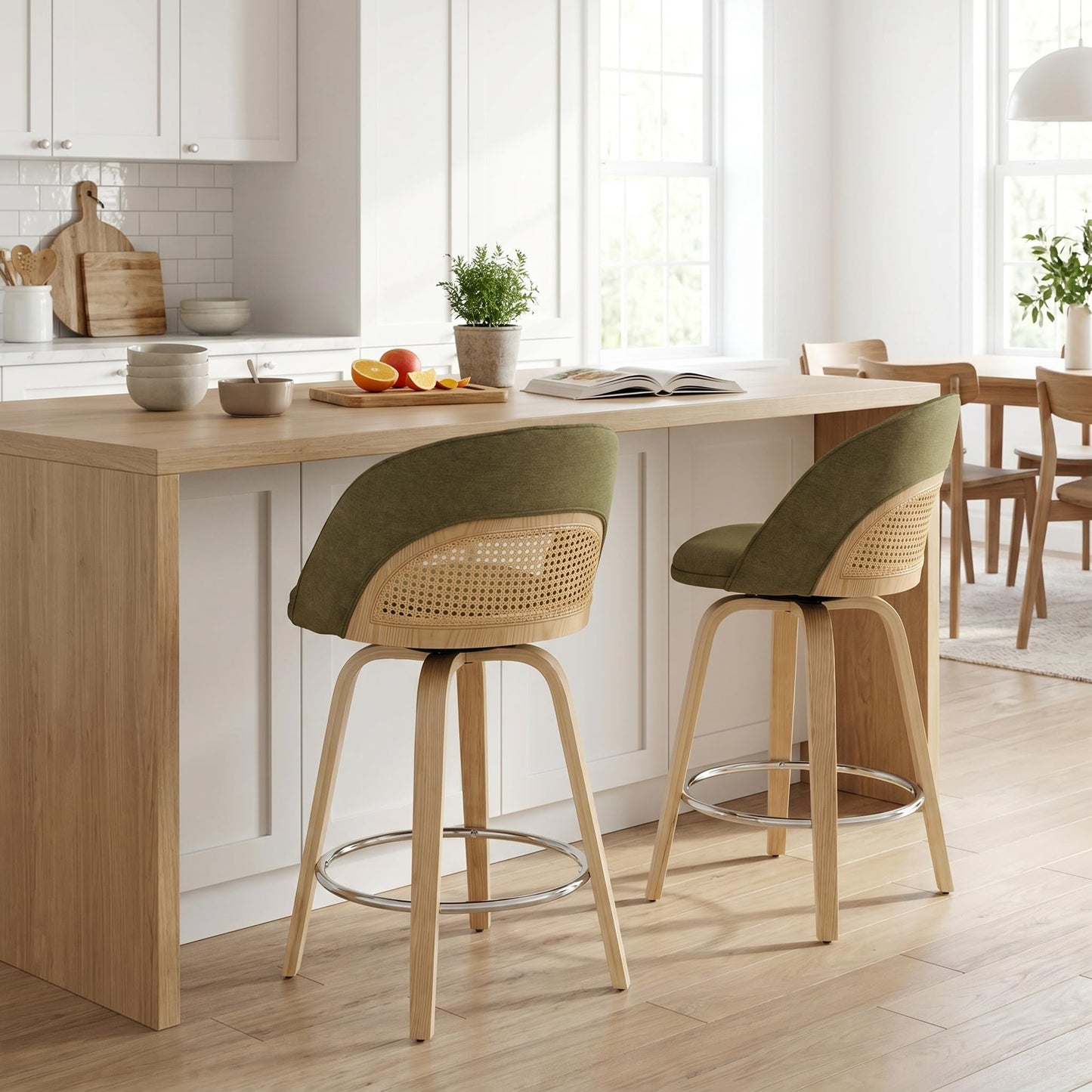 EALSON Bar Stools Set of 4, 26" Swivel Barstools with Rattan Backrest, Modern Faux Leather Upholstered Counter Height Bar Stools with Wood Legs & Bronze Footrest for Kitchen Island/Living Room, Brown