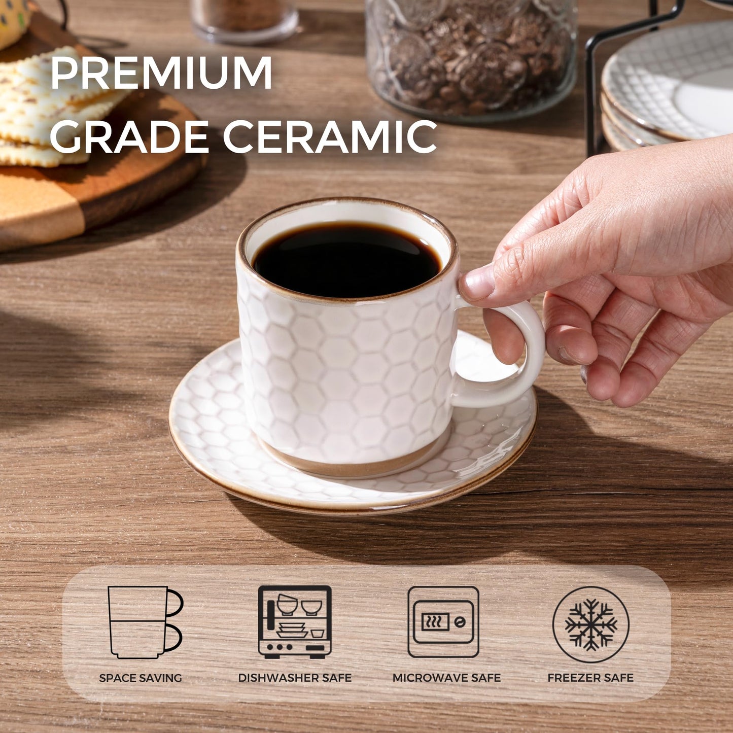 GBhome 12OZ Stackable Coffee Mugs, Ceramic Coffee Mugs with Texture Patterns for Man,Woman,Dad,Mom, Modern Coffee Mugs Set of 4 for Latte/Cappuccino/Cocoa. Dishwasher&Microwave Safe, Pale Khaki