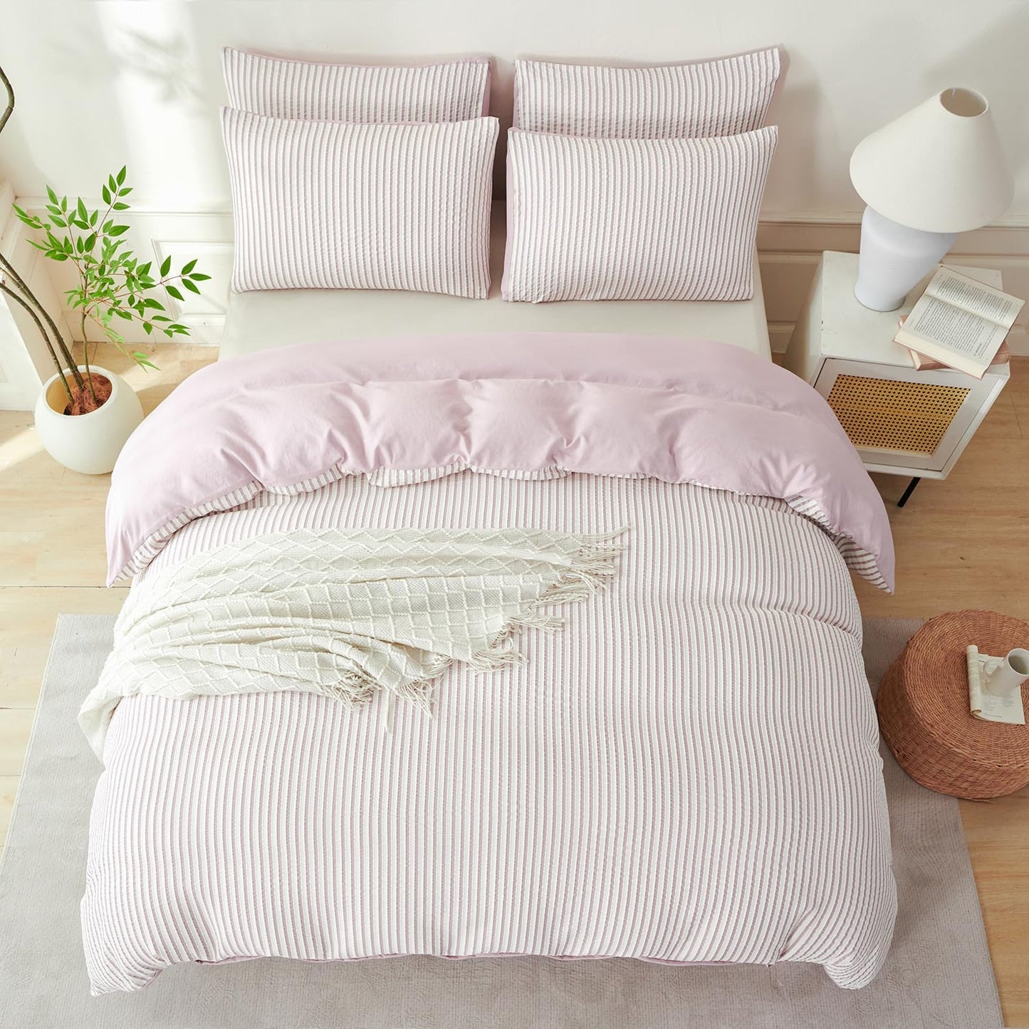 Striped Duvet Cover Queen Beige Washed Microfiber Jacquard 3 Pieces Bedding Set, White Beige Vertical Ticking Stripes Pattern Comforter Cover with Zipper Closure Breathable Durable Soft Comfy