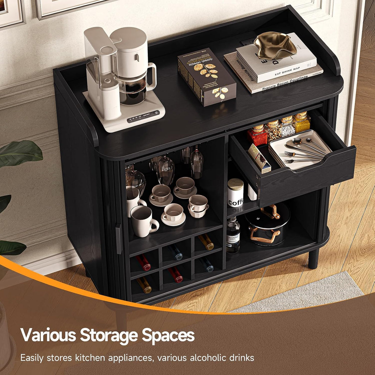 33" H Fluted Bar Cabinet with Storage, Wine Cabinet