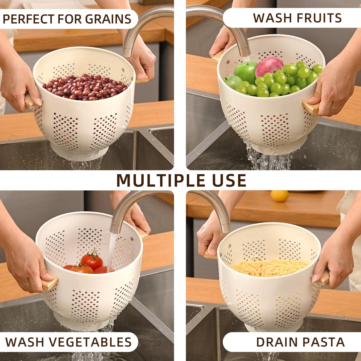 Metal Colander with Wood Handle and Stable Base, Powder Coated Steel Kitchen Strainer Basket for Draining Pasta, Vegetable and fruit(7quart,Sandyellow)