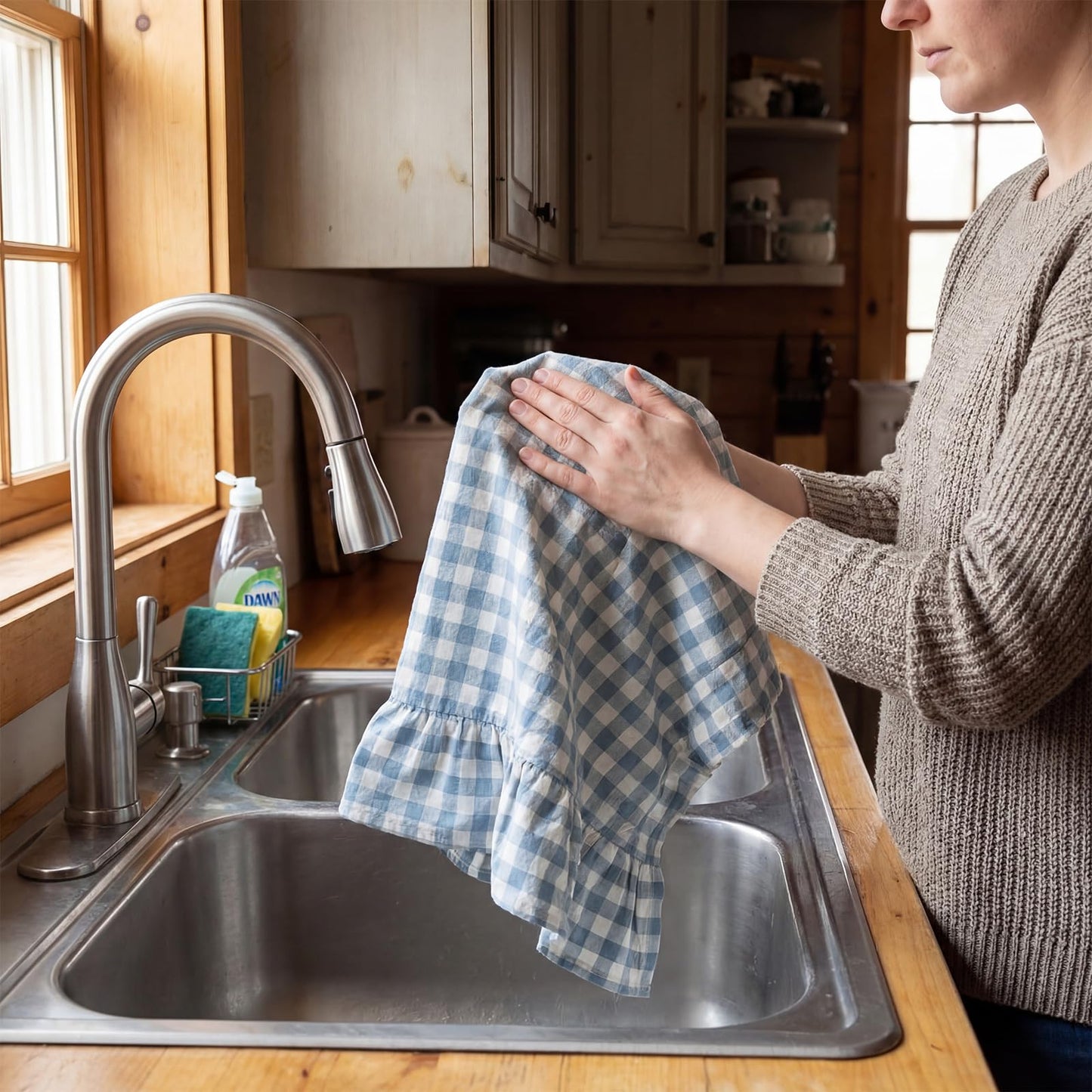 HunnmingRe Taupe Kitchen Towels Set of 2, 100% Cotton Ruffled Gingham Dish Towels 18"x28" Tea Cloths Classic Plaid Pattern for Farmhouse Charm, Drying Dishes, Entertaining Guests