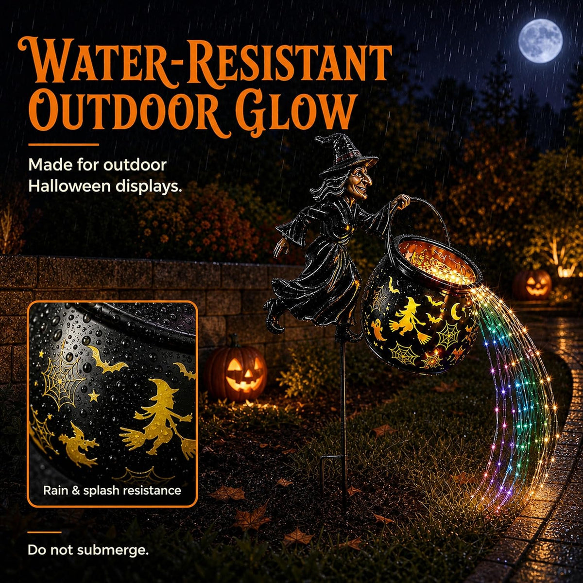 Colorful Waterfall-Style Halloween Witch Glowing Cauldron Light
