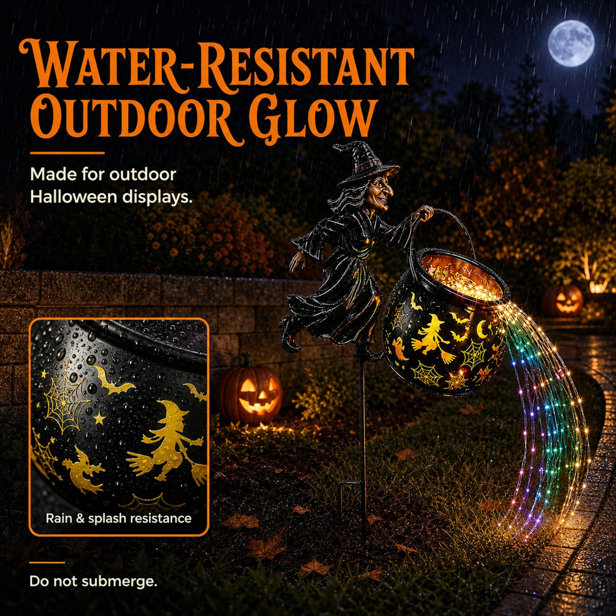 Colorful Waterfall-Style Halloween Witch Glowing Cauldron Light