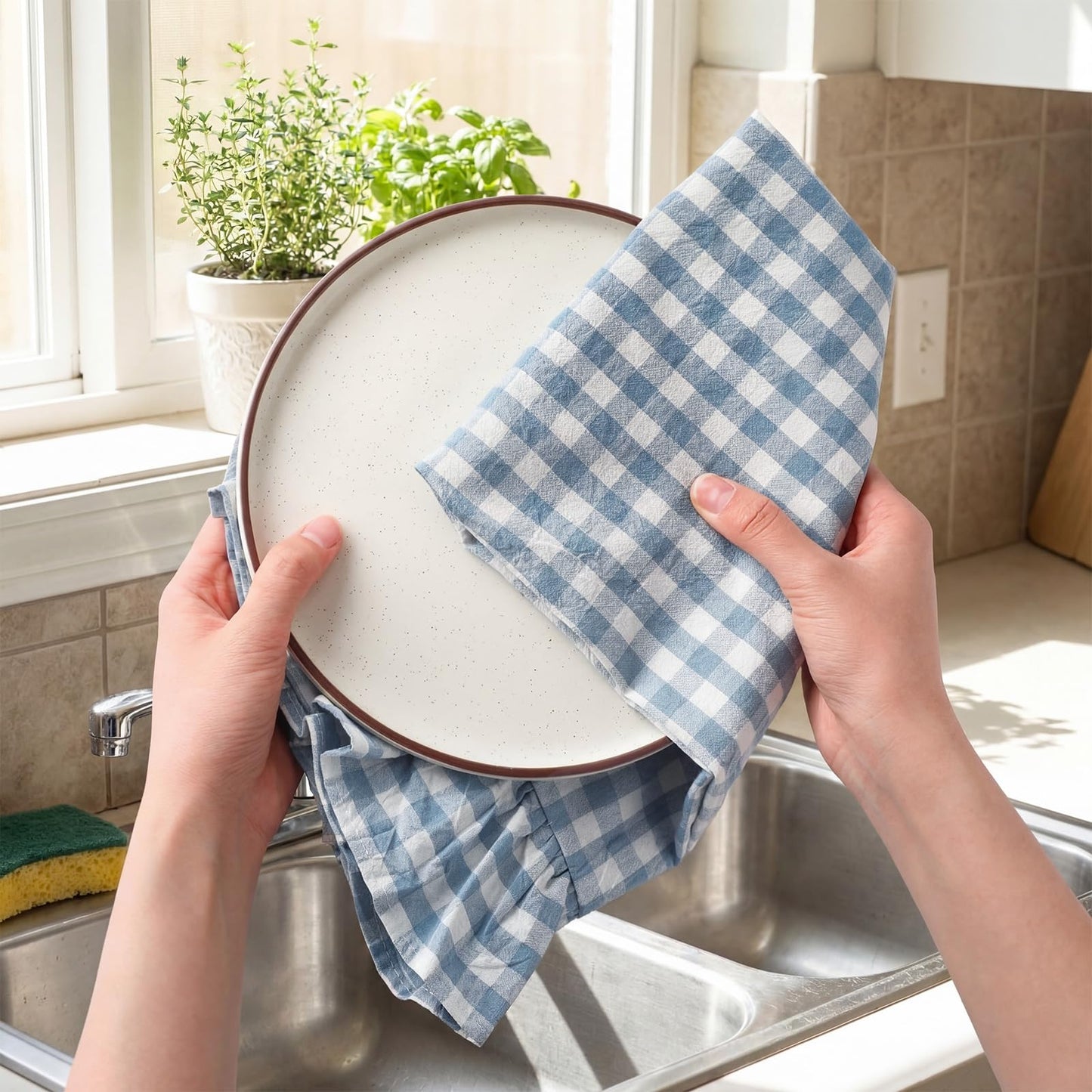 HunnmingRe Taupe Kitchen Towels Set of 2, 100% Cotton Ruffled Gingham Dish Towels 18"x28" Tea Cloths Classic Plaid Pattern for Farmhouse Charm, Drying Dishes, Entertaining Guests