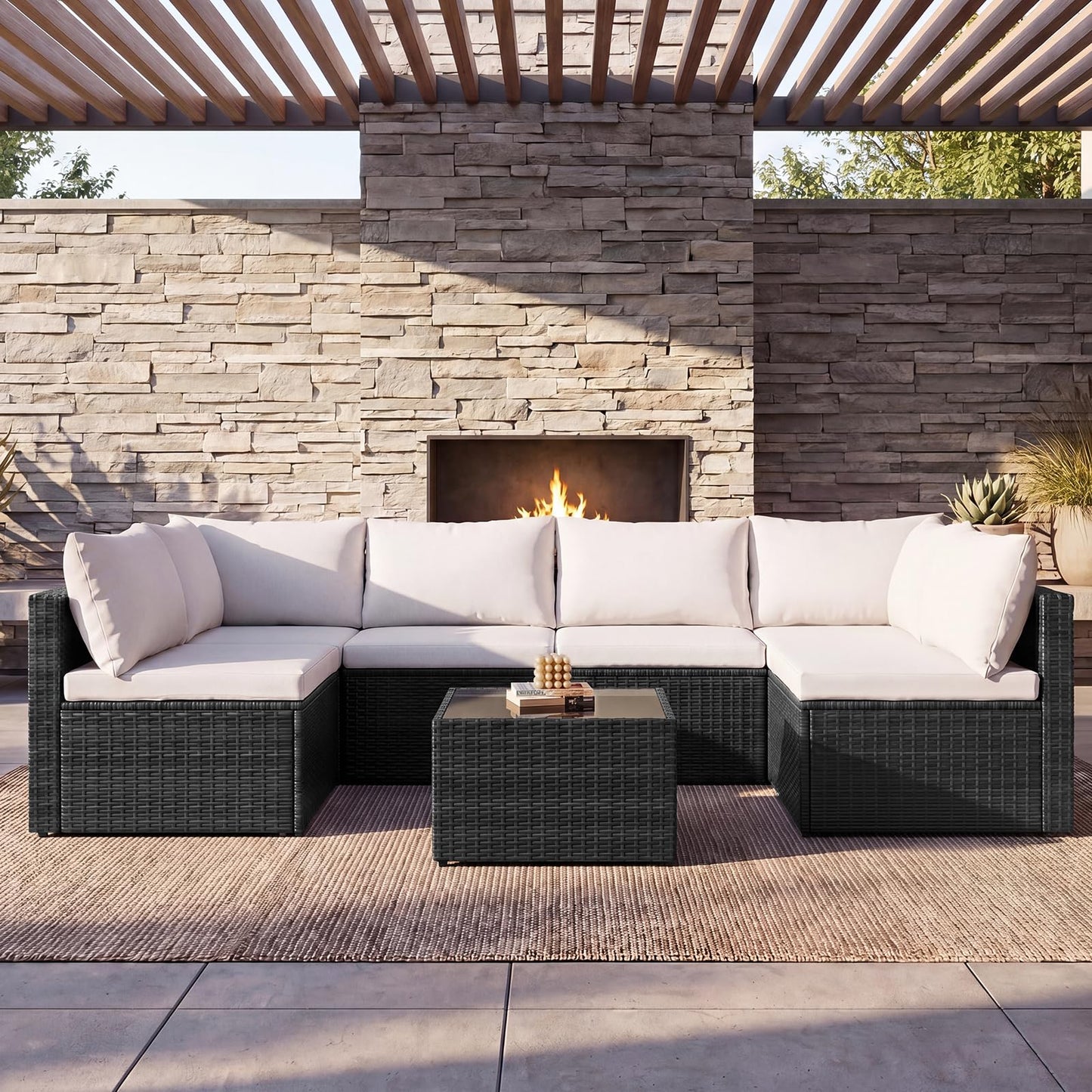 Sweetcrispy 7-Piece Outdoor Patio Sectional Sofa, Modular PE Wicker Outdoor Sectional with Thick Cushions, Rattan Patio Sofa Set with Coffee Table for Backyard, Poolside, Garden, Deck, Brown