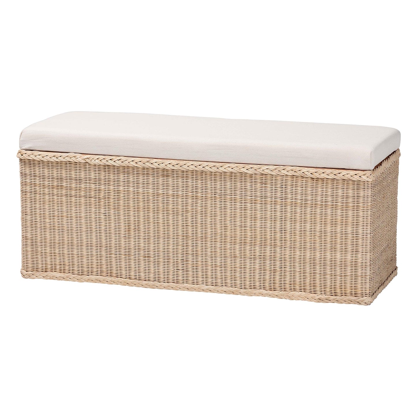 Braided Natural Rattan Storage Bench with Cushioned Lift-Top Lid