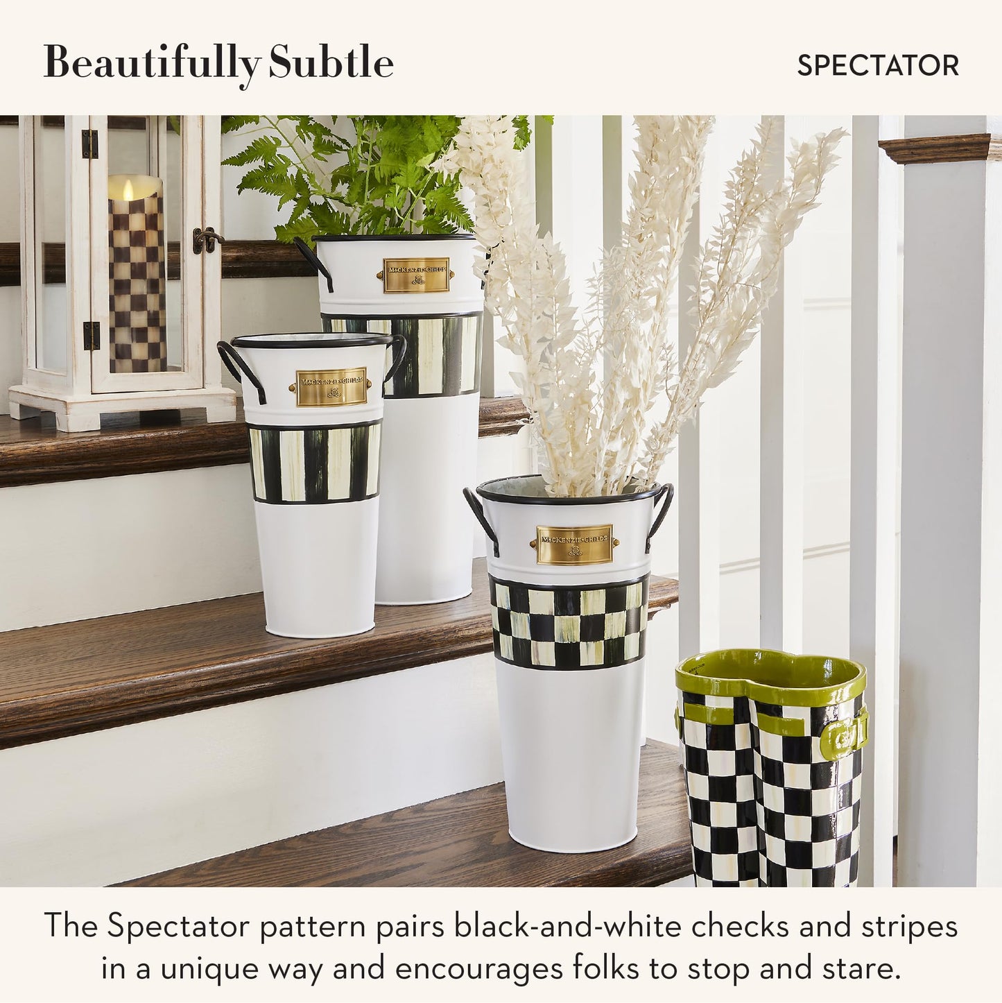 MACKENZIE-CHILDS Set of 3 Galvanized Flower Buckets, Decorative Metal Buckets, Black-and-White Courtly Stripe