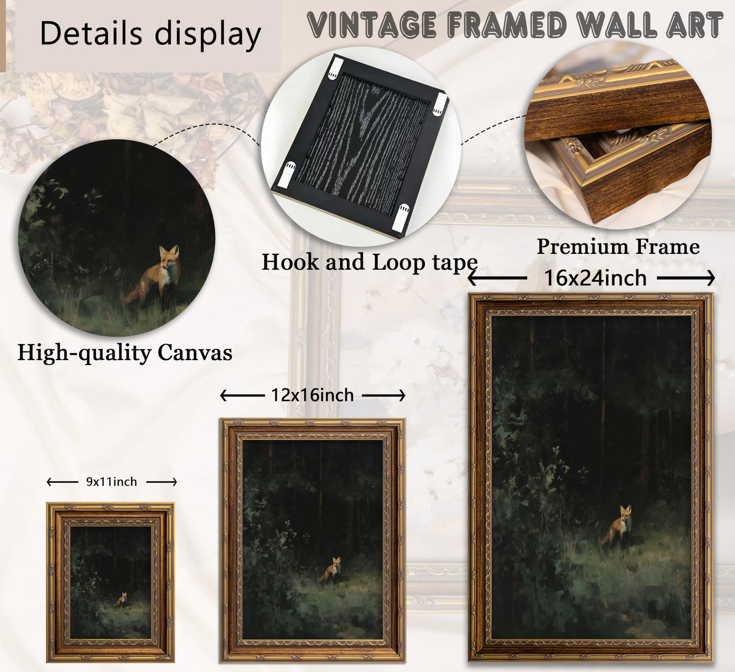 Vintage Gold Framed Moody Flower Canvas Wall Art