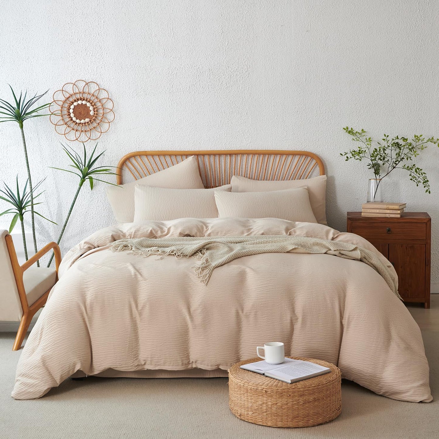 Striped Duvet Cover Queen Beige Washed Microfiber Jacquard 3 Pieces Bedding Set, White Beige Vertical Ticking Stripes Pattern Comforter Cover with Zipper Closure Breathable Durable Soft Comfy