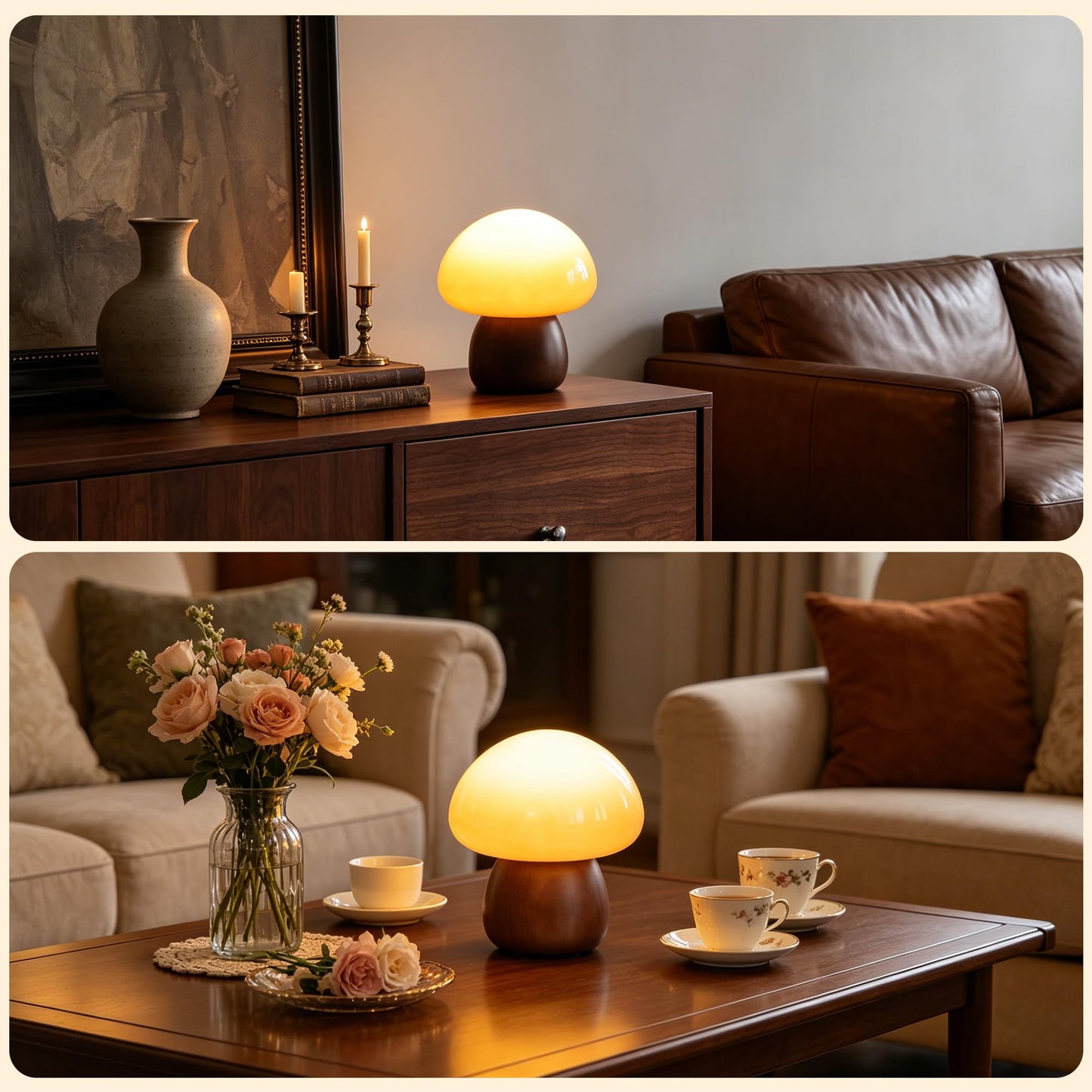 Brass Base Mushroom Table Lamp for Bedroom, Small Desk Lamp with Amber Glass Shade, LED Three Color Temperature Adjustable Brightness Modern Side Table Lighting (H 15.4 in)