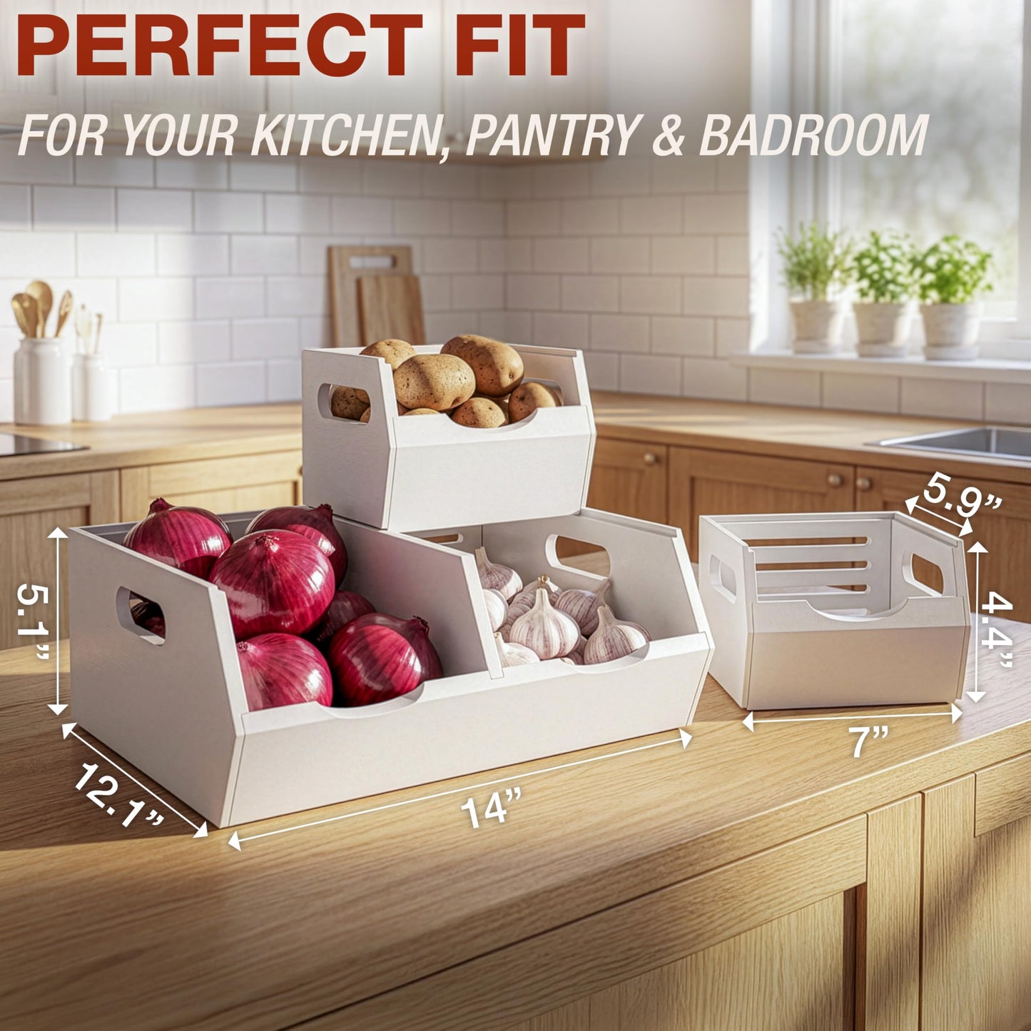HOMESTEAD Stackable Solid Wood Storage Bins for Kitchen Pantry & Countertop, Ventilated Potato and Onion Basket Organizer with Handles, Wooden Produce Storage Containers, 3-Pack, Chestnut Finish
