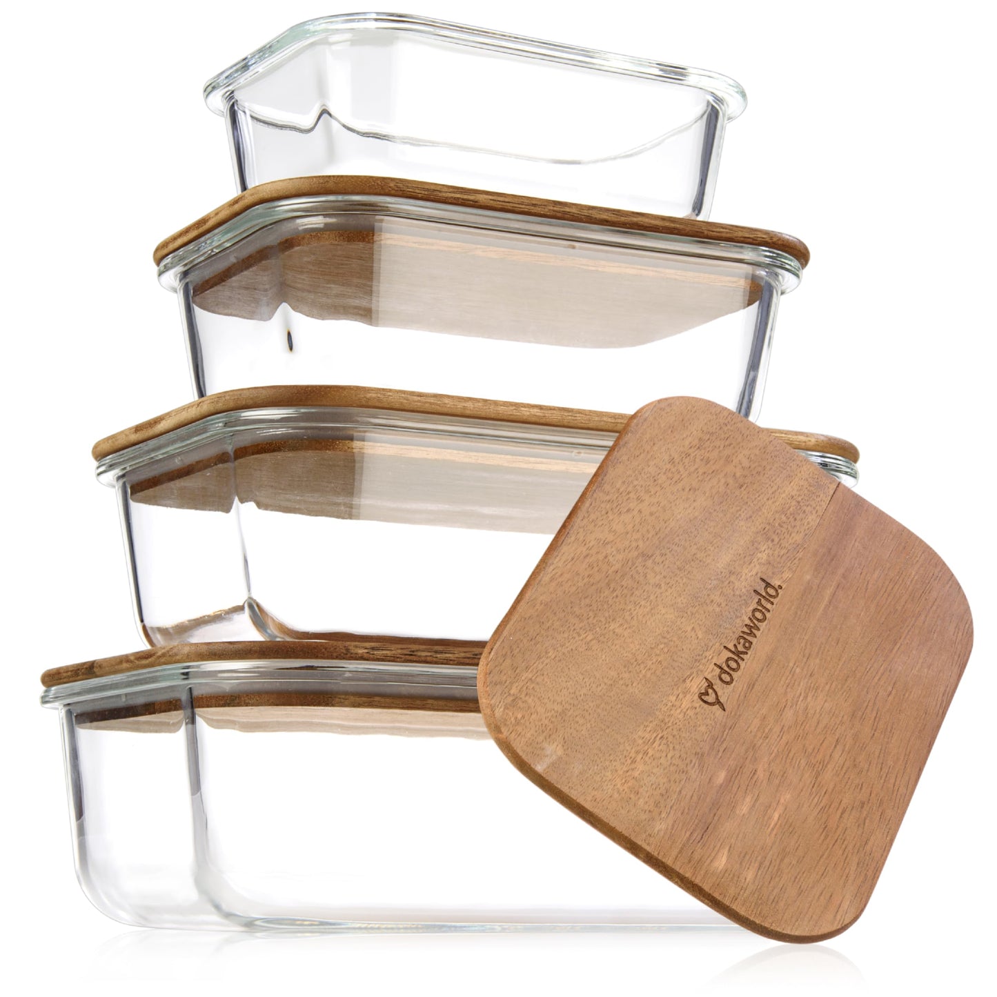 Glass Container Set with Acacia Lids - 4 Stackable Meal Prep Containers. Durable heat resistant Inert Borosilicate Glass