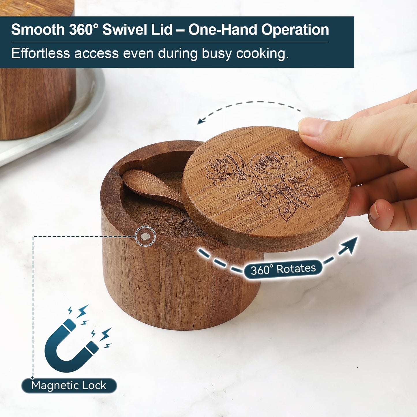 Timtopno Salt Cellar, Acacia Wood Salt Container with Built-in Spoon & Swivel Lid, Engraved SALT Box, Salt Holder Bowl for Countertop Seasoning Storage
