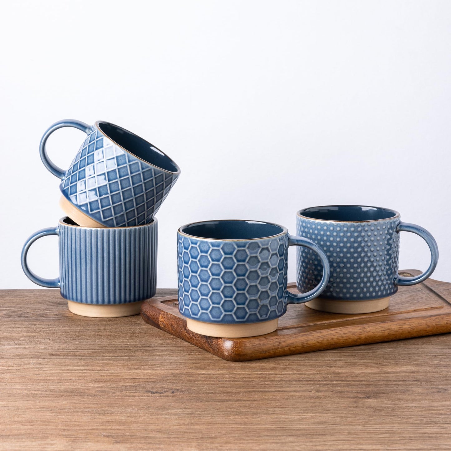 GBhome 12OZ Stackable Coffee Mugs, Ceramic Coffee Mugs with Texture Patterns for Man,Woman,Dad,Mom, Modern Coffee Mugs Set of 4 for Latte/Cappuccino/Cocoa. Dishwasher&Microwave Safe, Pale Khaki