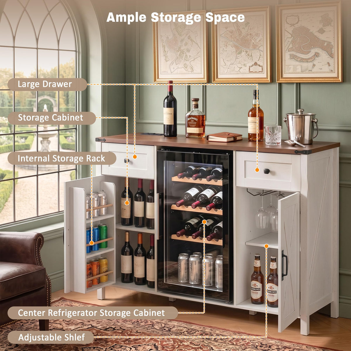 51" Modern Coffee Bar Cabinet with Fridge Space & 2 Drawers